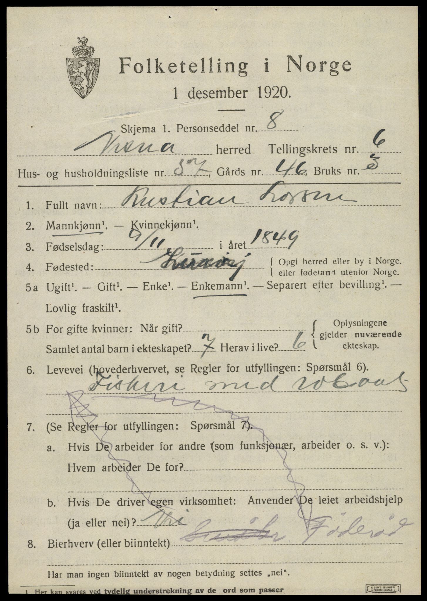 SAT, 1920 census for Nesna, 1920, p. 5193