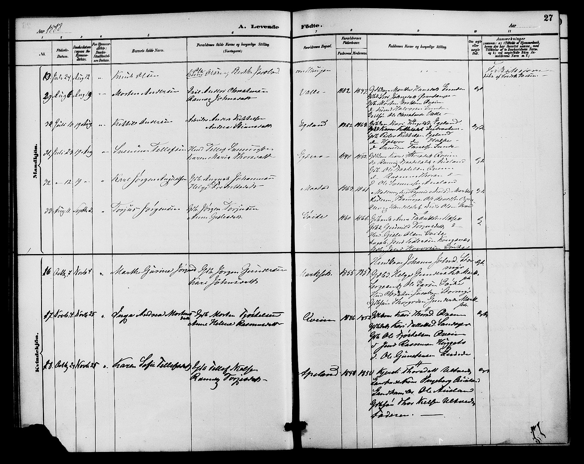 Gjerstad sokneprestkontor, AV/SAK-1111-0014/F/Fa/Faa/L0009: Parish register (official) no. A 9, 1885-1890, p. 27