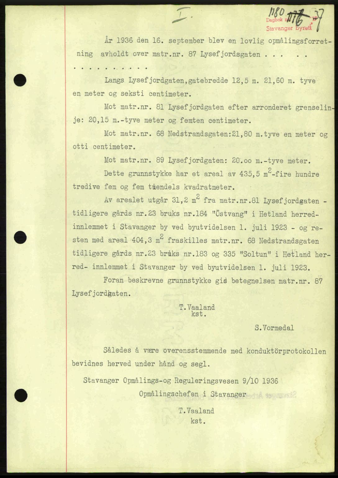 Stavanger byrett, SAST/A-100455/002/G/Gb/L0012: Mortgage book no. A2, 1936-1937, Diary no: : 1180/1937