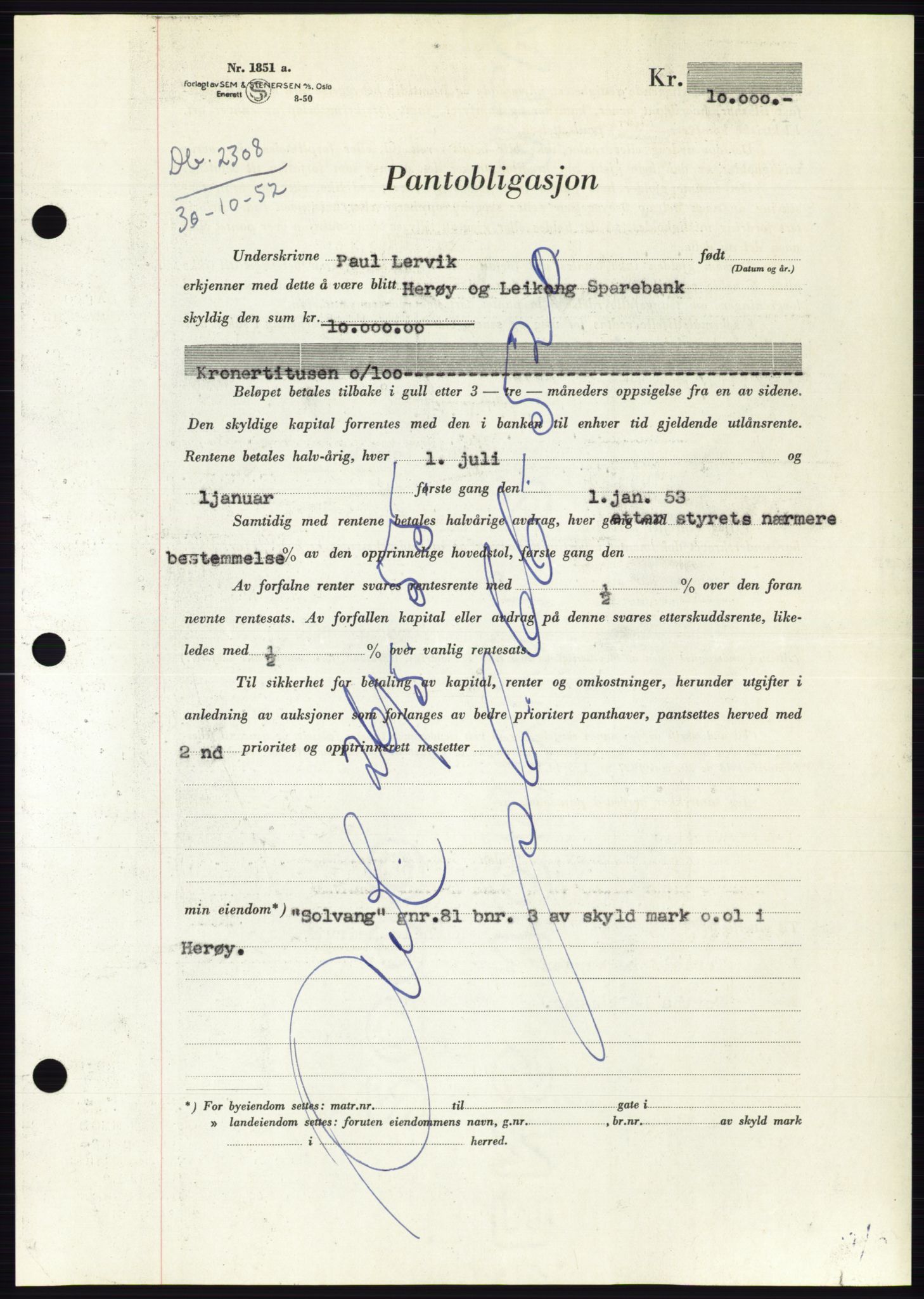 Søre Sunnmøre sorenskriveri, AV/SAT-A-4122/1/2/2C/L0122: Mortgage book no. 10B, 1952-1953, Diary no: : 2308/1952