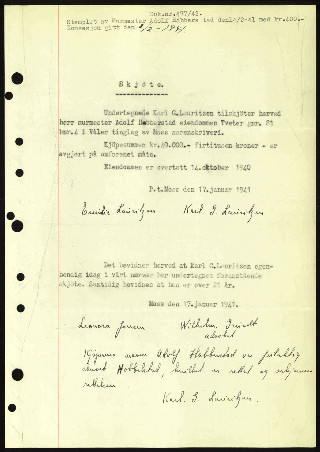 Moss sorenskriveri, SAO/A-10168: Mortgage book no. A9, 1941-1942, Diary no: : 477/1942