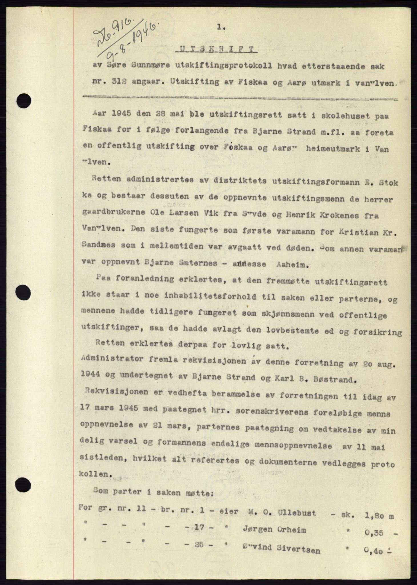 Søre Sunnmøre sorenskriveri, AV/SAT-A-4122/1/2/2C/L0078: Mortgage book no. 4A, 1946-1946, Diary no: : 916/1946