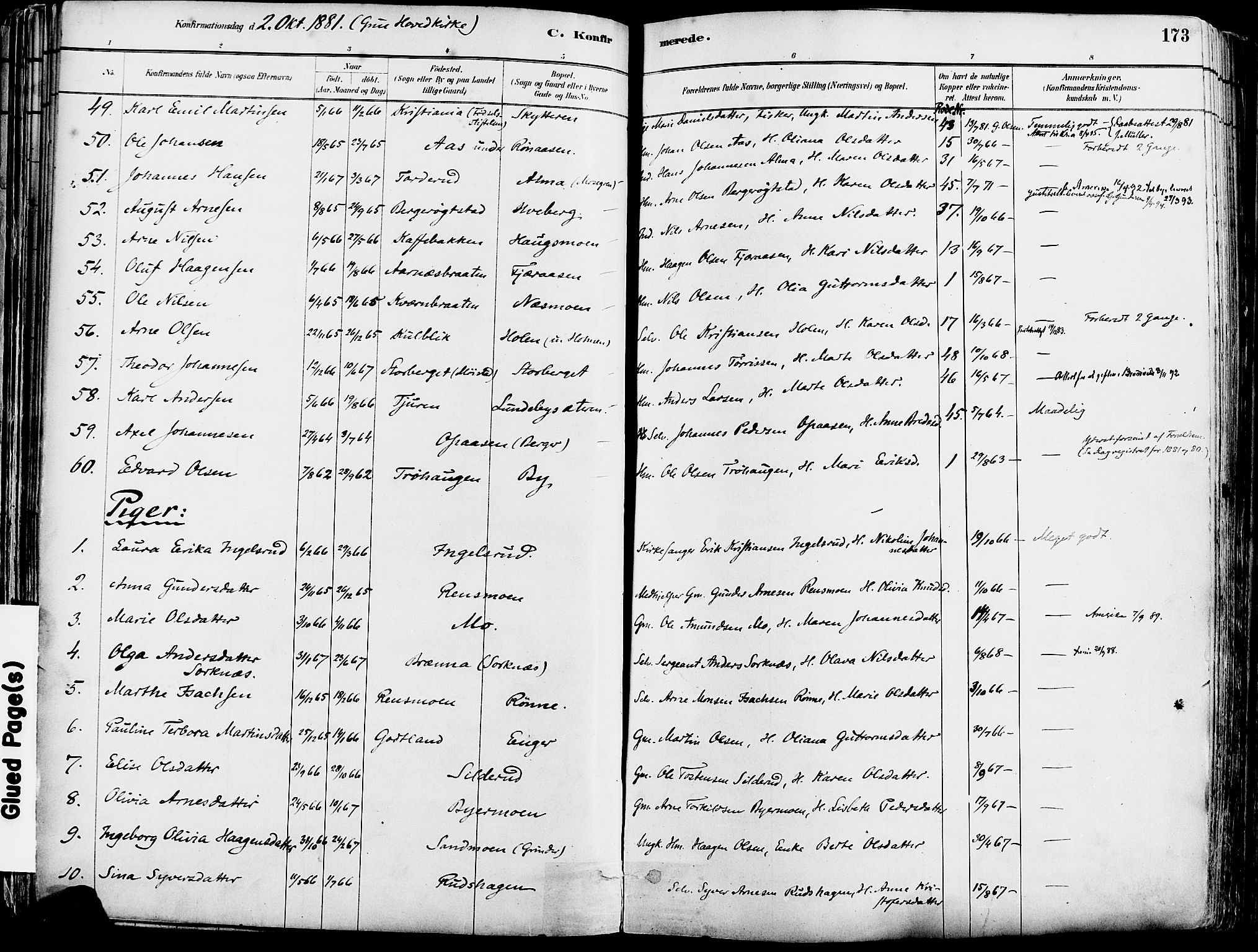 Grue prestekontor, AV/SAH-PREST-036/H/Ha/Haa/L0012: Parish register (official) no. 12, 1881-1897, p. 173