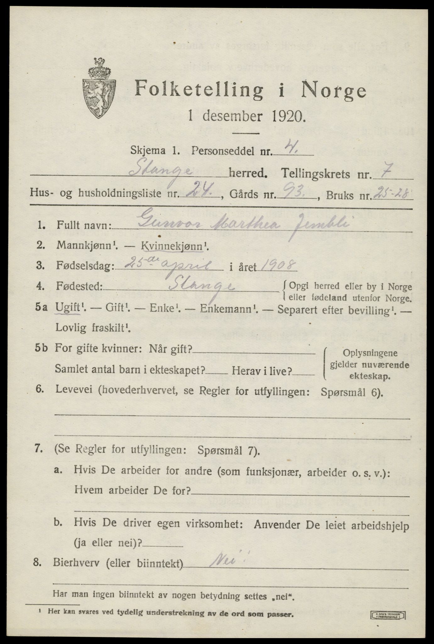 SAH, 1920 census for Stange, 1920, p. 12515