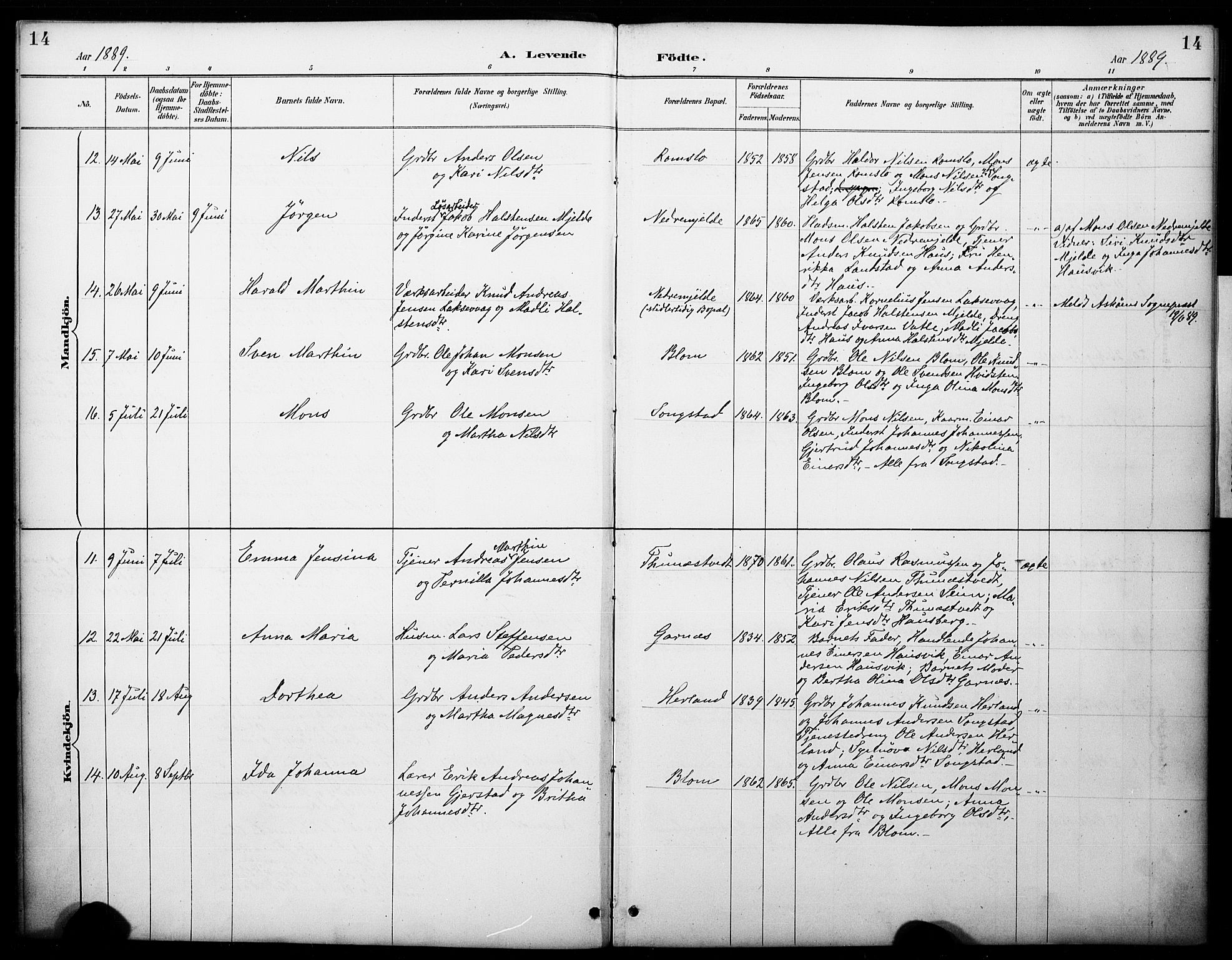 Haus sokneprestembete, SAB/A-75601/H/Haa: Parish register (official) no. B 1, 1887-1898, p. 14