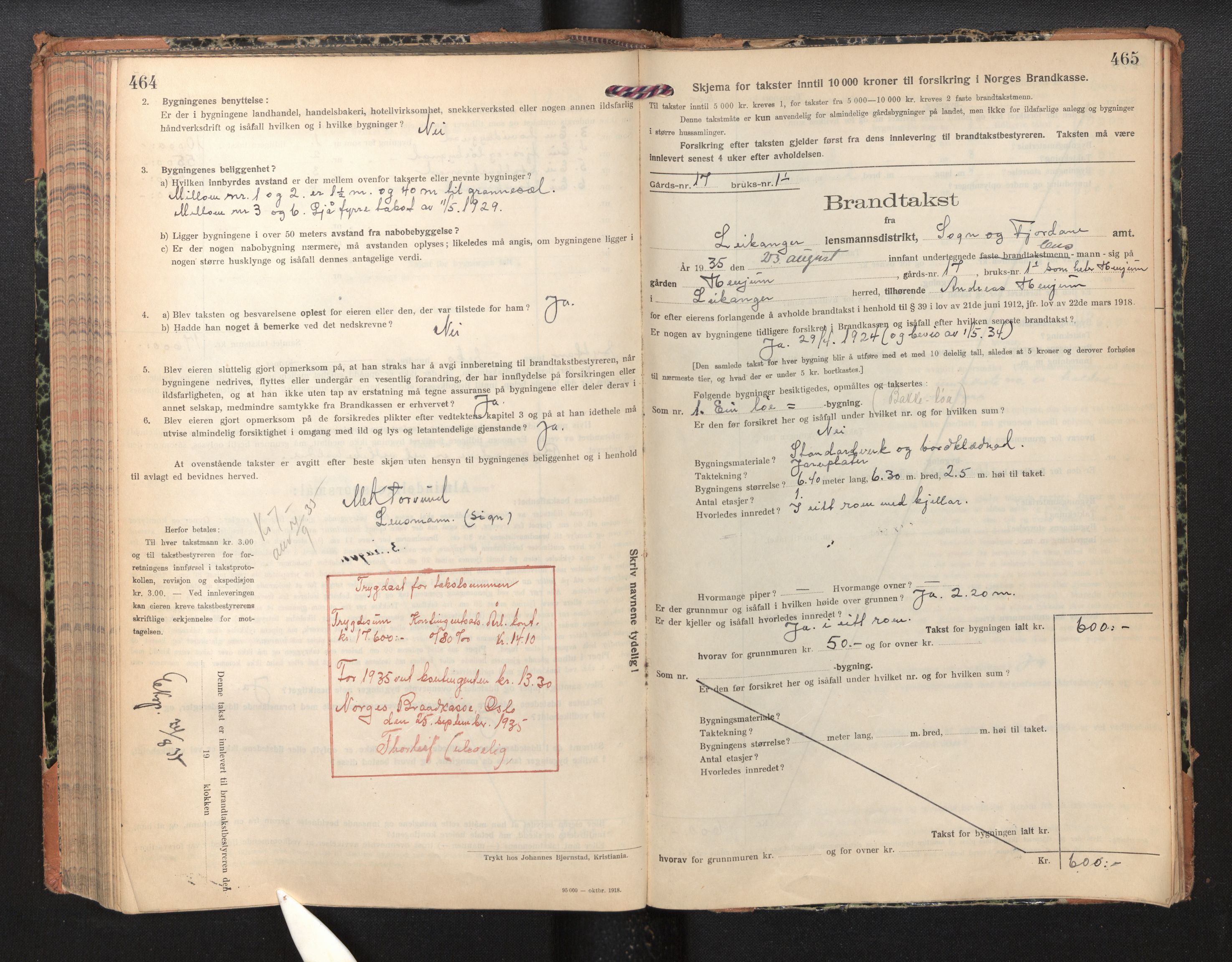 Lensmannen i Leikanger, AV/SAB-A-29201/0012/L0007: Branntakstprotokoll, skjematakst, 1926-1936, p. 464-465