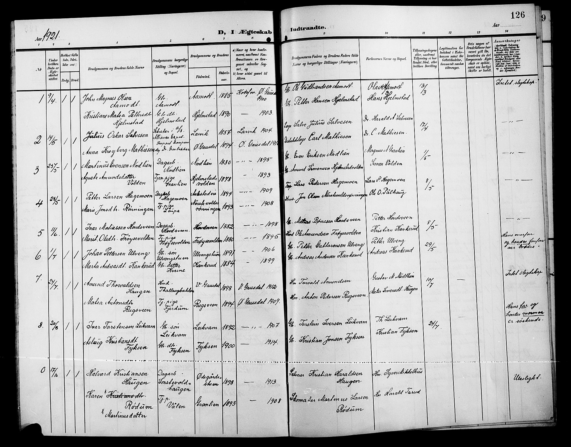 Østre Gausdal prestekontor, SAH/PREST-092/H/Ha/Hab/L0004: Parish register (copy) no. 4, 1905-1923, p. 126