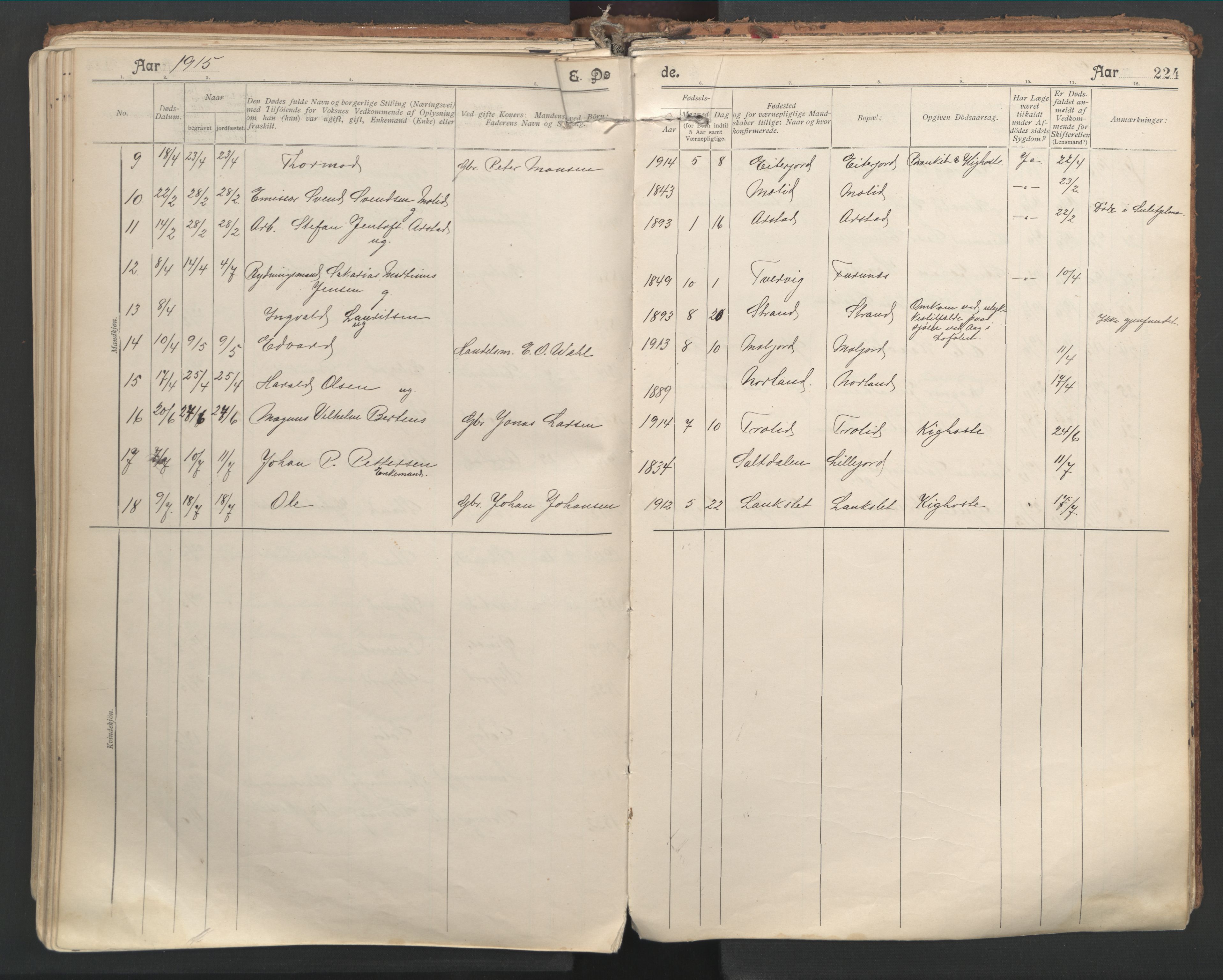 Ministerialprotokoller, klokkerbøker og fødselsregistre - Nordland, SAT/A-1459/846/L0647: Parish register (official) no. 846A05, 1902-1915, p. 224