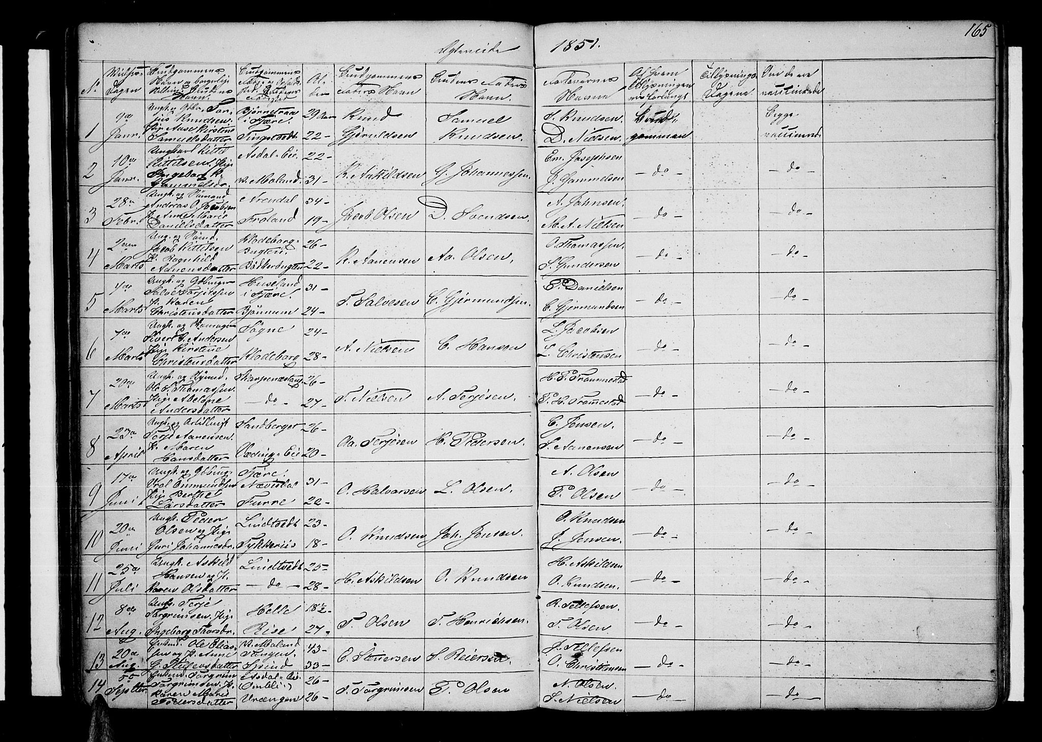 Øyestad sokneprestkontor, SAK/1111-0049/F/Fb/L0006: Parish register (copy) no. B 6, 1843-1854, p. 165