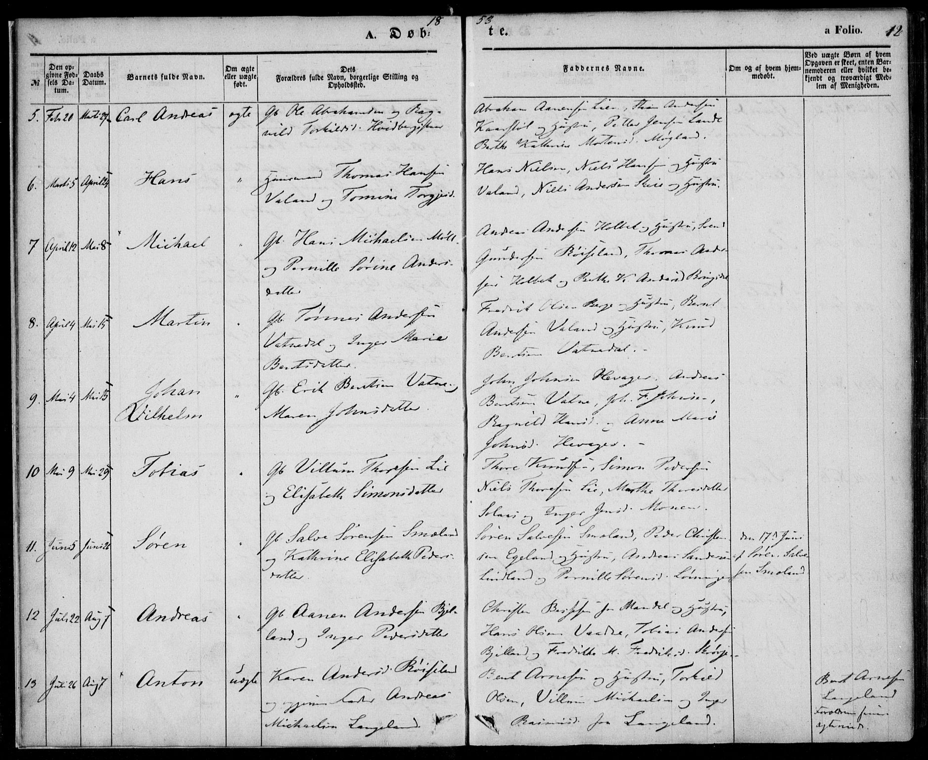 Holum sokneprestkontor, SAK/1111-0022/F/Fa/Faa/L0005: Parish register (official) no. A 5, 1850-1864, p. 12