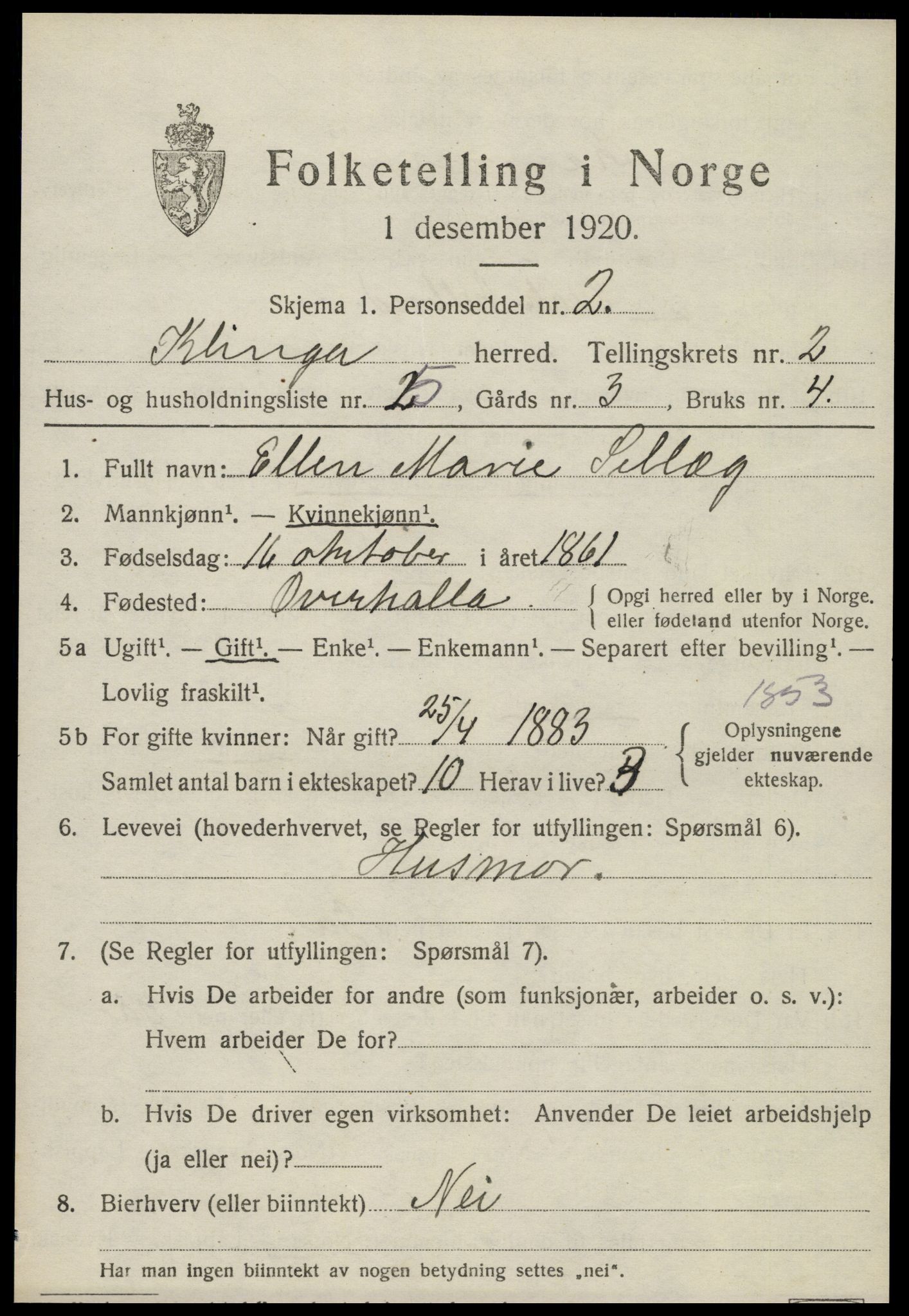 SAT, 1920 census for Klinga, 1920, p. 1451