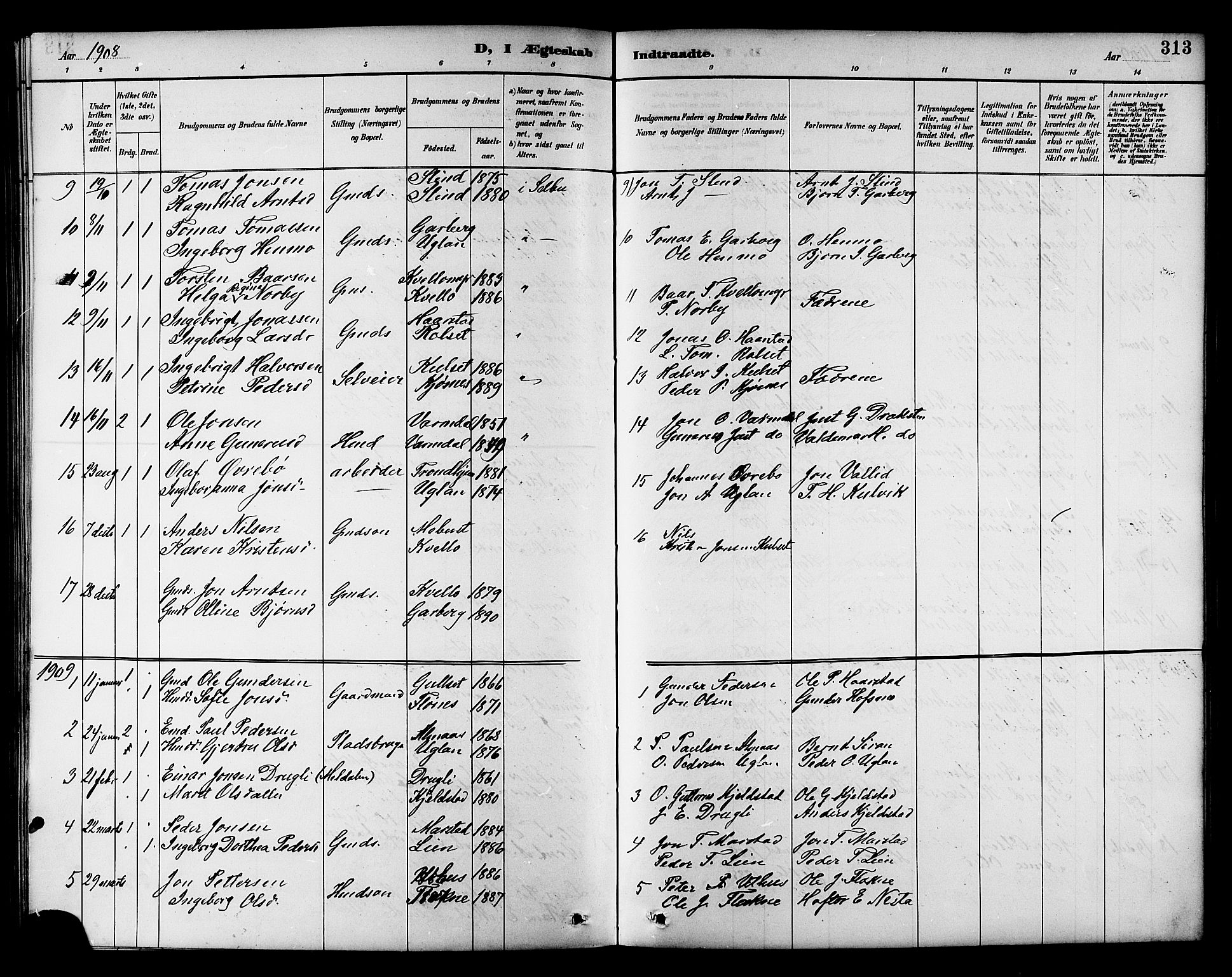 Ministerialprotokoller, klokkerbøker og fødselsregistre - Sør-Trøndelag, SAT/A-1456/695/L1157: Parish register (copy) no. 695C08, 1889-1913, p. 313