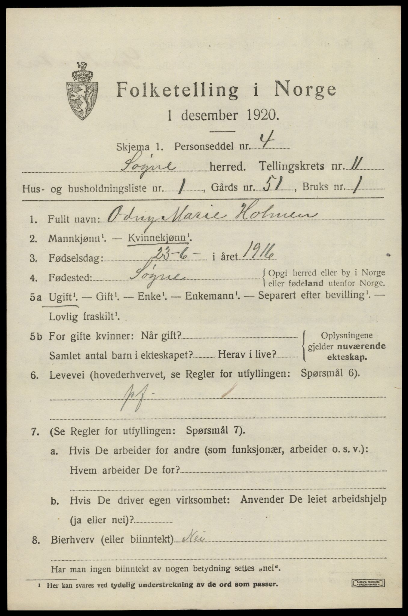 SAK, 1920 census for Søgne, 1920, p. 5605