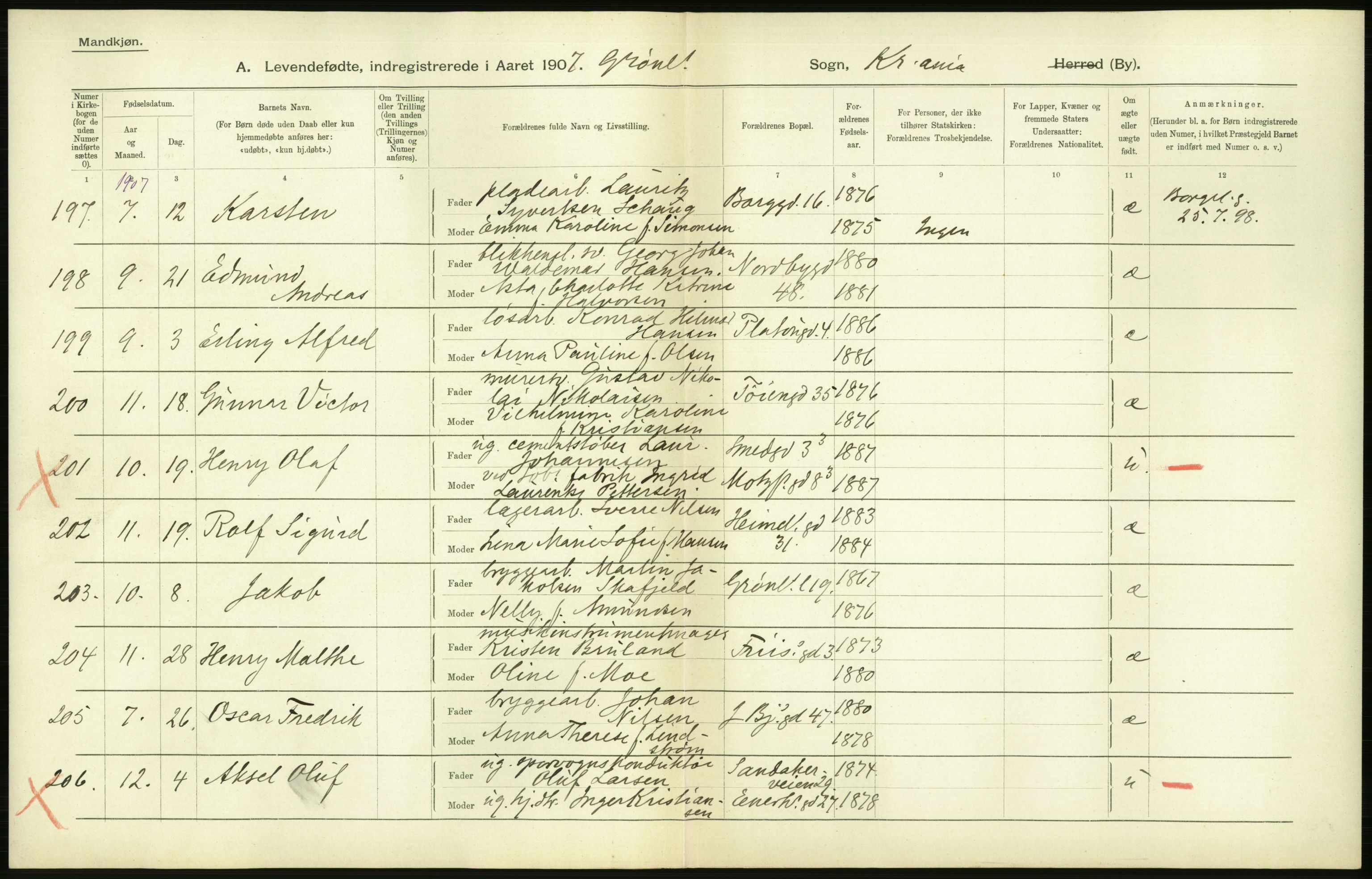 Statistisk sentralbyrå, Sosiodemografiske emner, Befolkning, AV/RA-S-2228/D/Df/Dfa/Dfae/L0007: Kristiania: Levendefødte menn og kvinner., 1907, p. 282