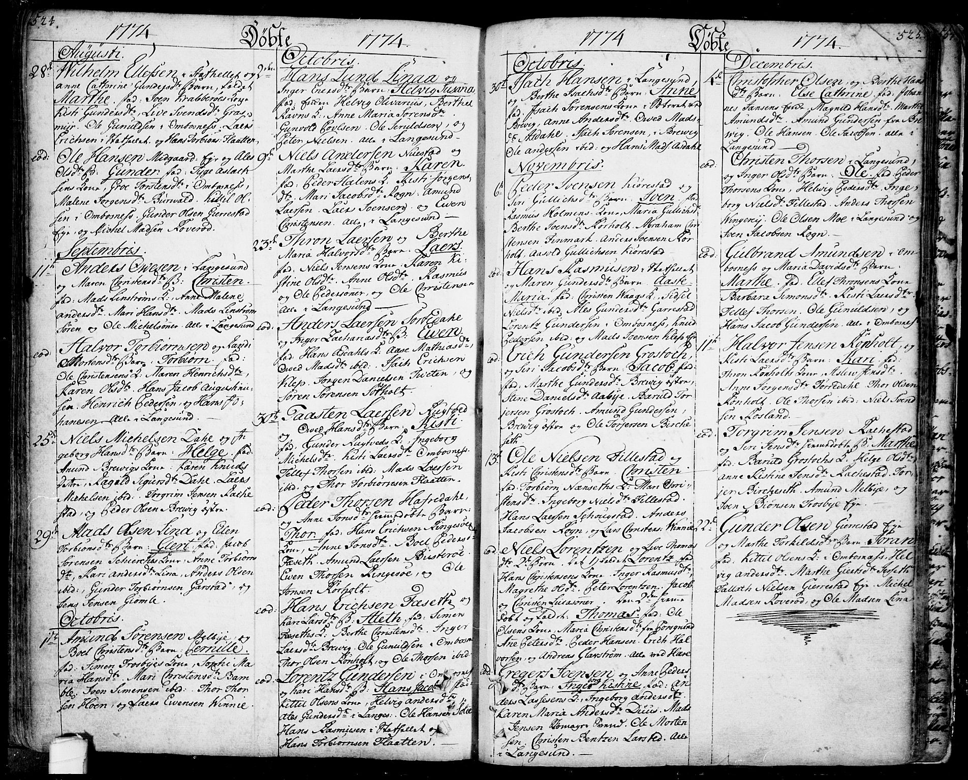 Bamble kirkebøker, SAKO/A-253/F/Fa/L0001: Parish register (official) no. I 1, 1702-1774, p. 524-525