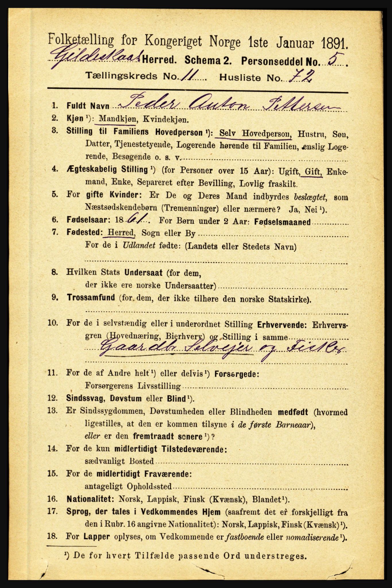 RA, 1891 census for 1838 Gildeskål, 1891, p. 3637