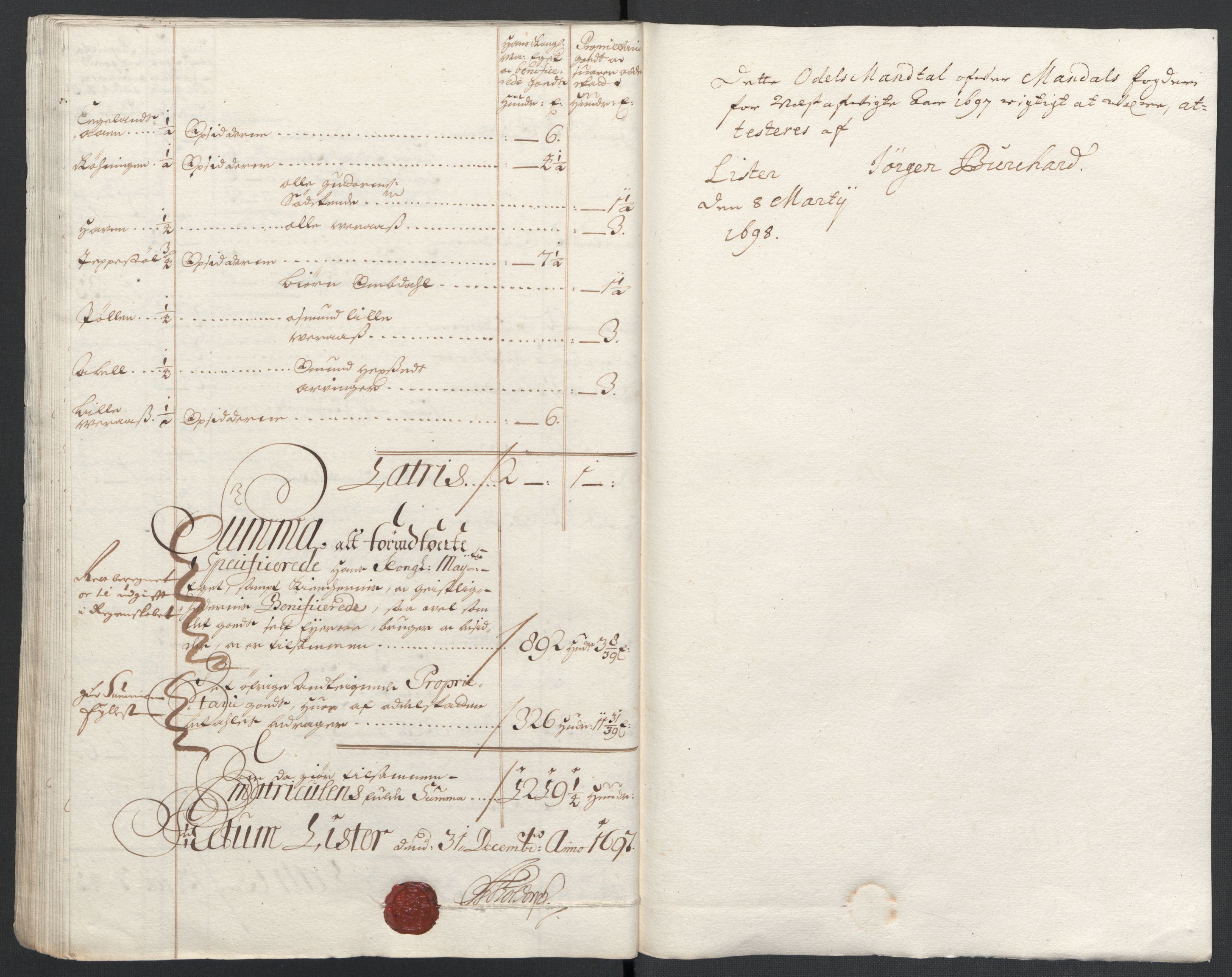 Rentekammeret inntil 1814, Reviderte regnskaper, Fogderegnskap, RA/EA-4092/R43/L2546: Fogderegnskap Lista og Mandal, 1696-1697, p. 288