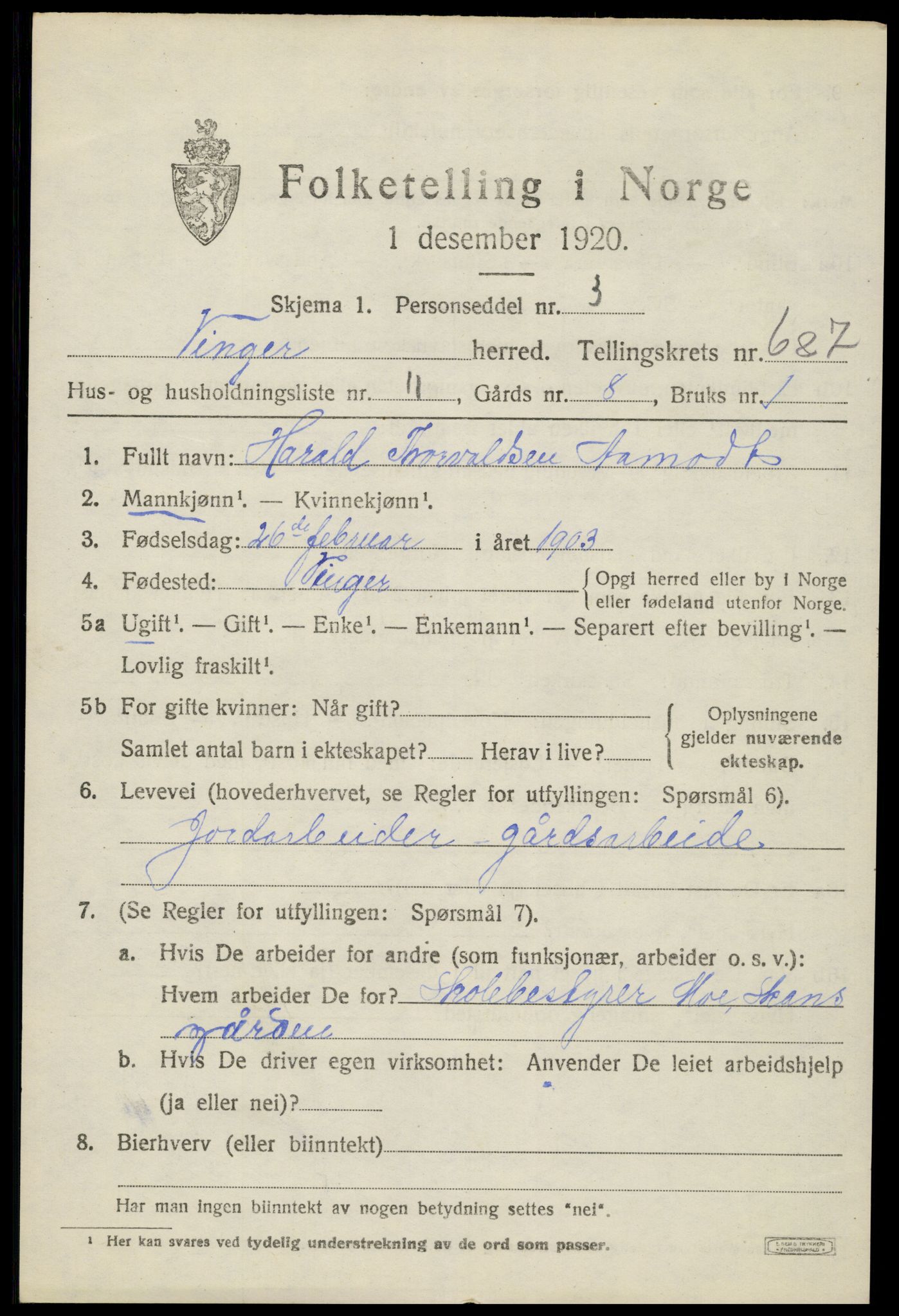 SAH, 1920 census for Vinger, 1920, p. 6118