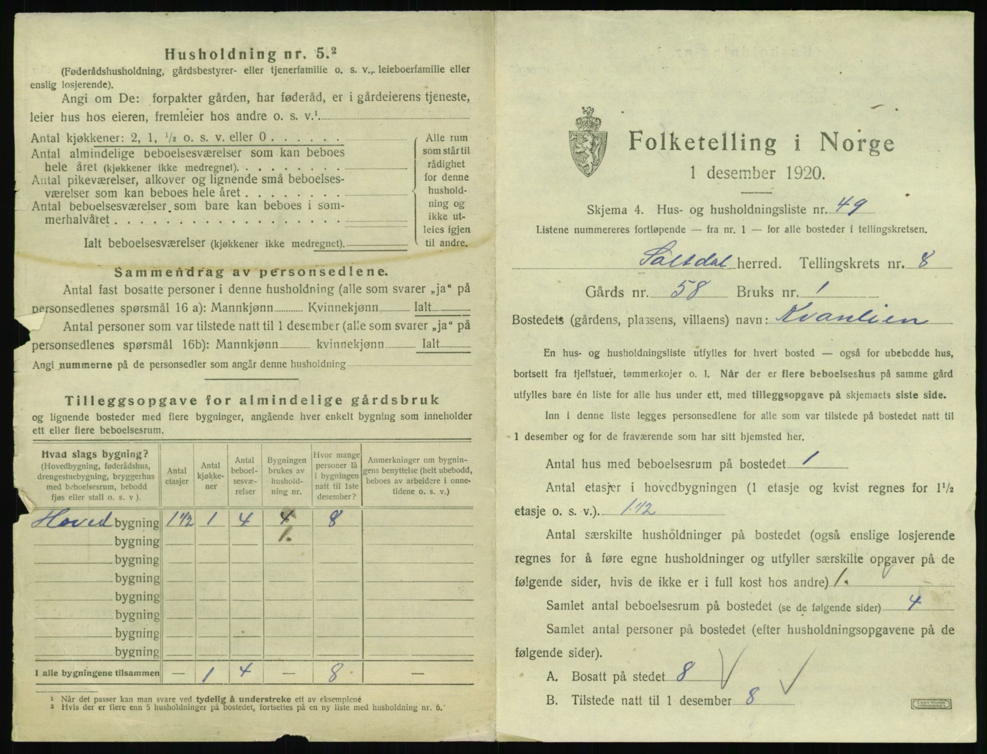 SAT, 1920 census for Saltdal, 1920, p. 1225