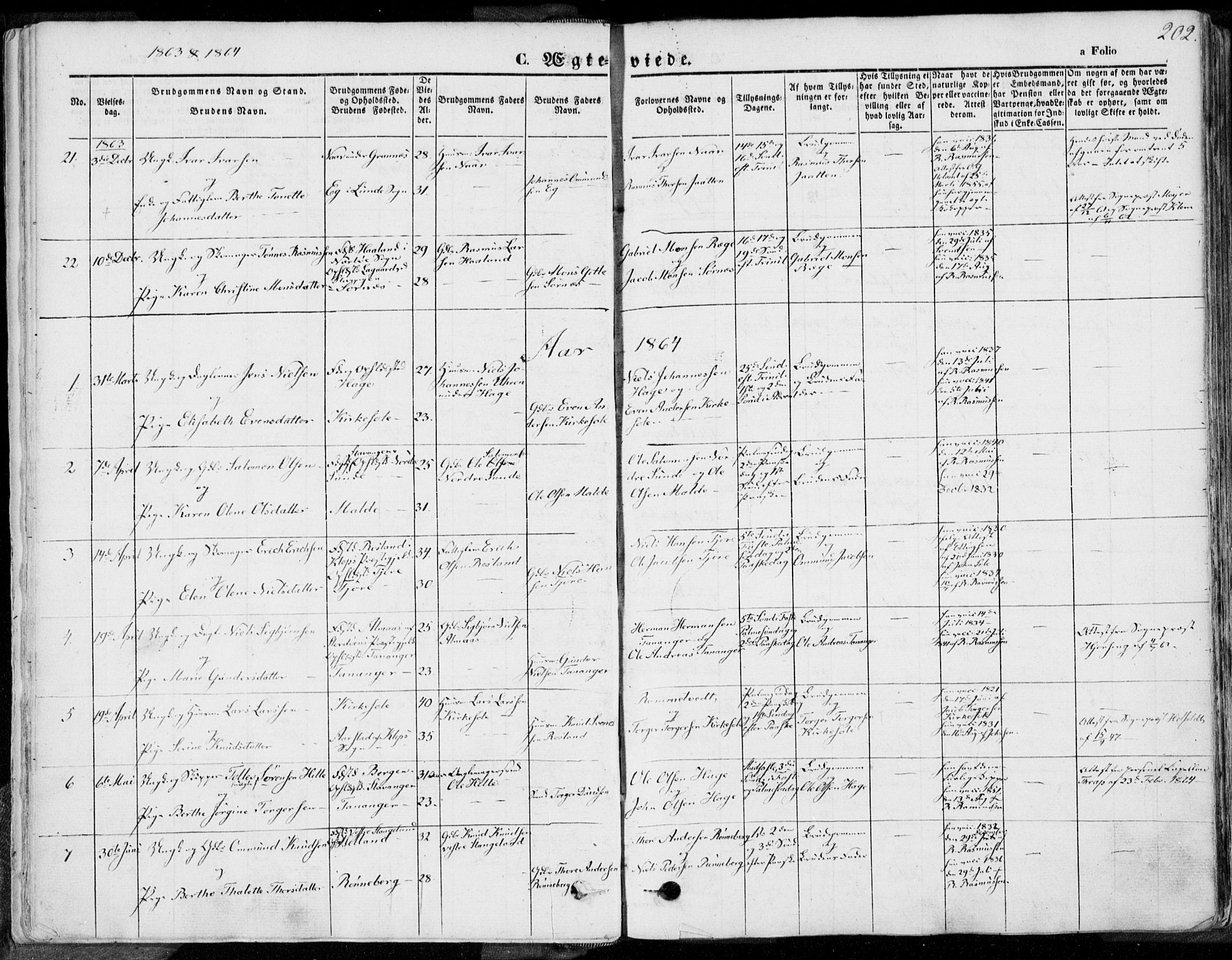 Håland sokneprestkontor, AV/SAST-A-101802/001/30BA/L0008: Parish register (official) no. A 7.2, 1854-1870, p. 202