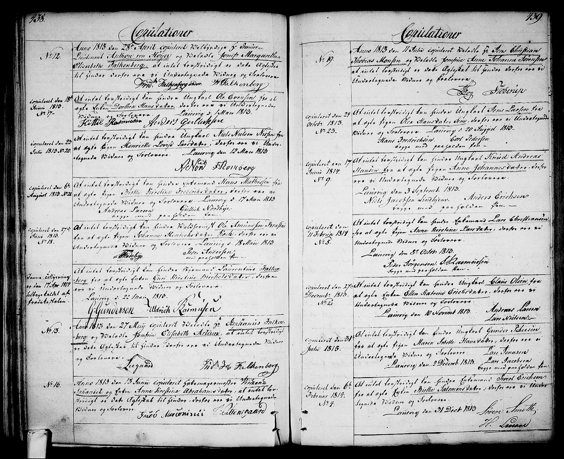 Larvik kirkebøker, AV/SAKO-A-352/G/Ga/L0002: Parish register (copy) no. I 2, 1807-1830, p. 438-439