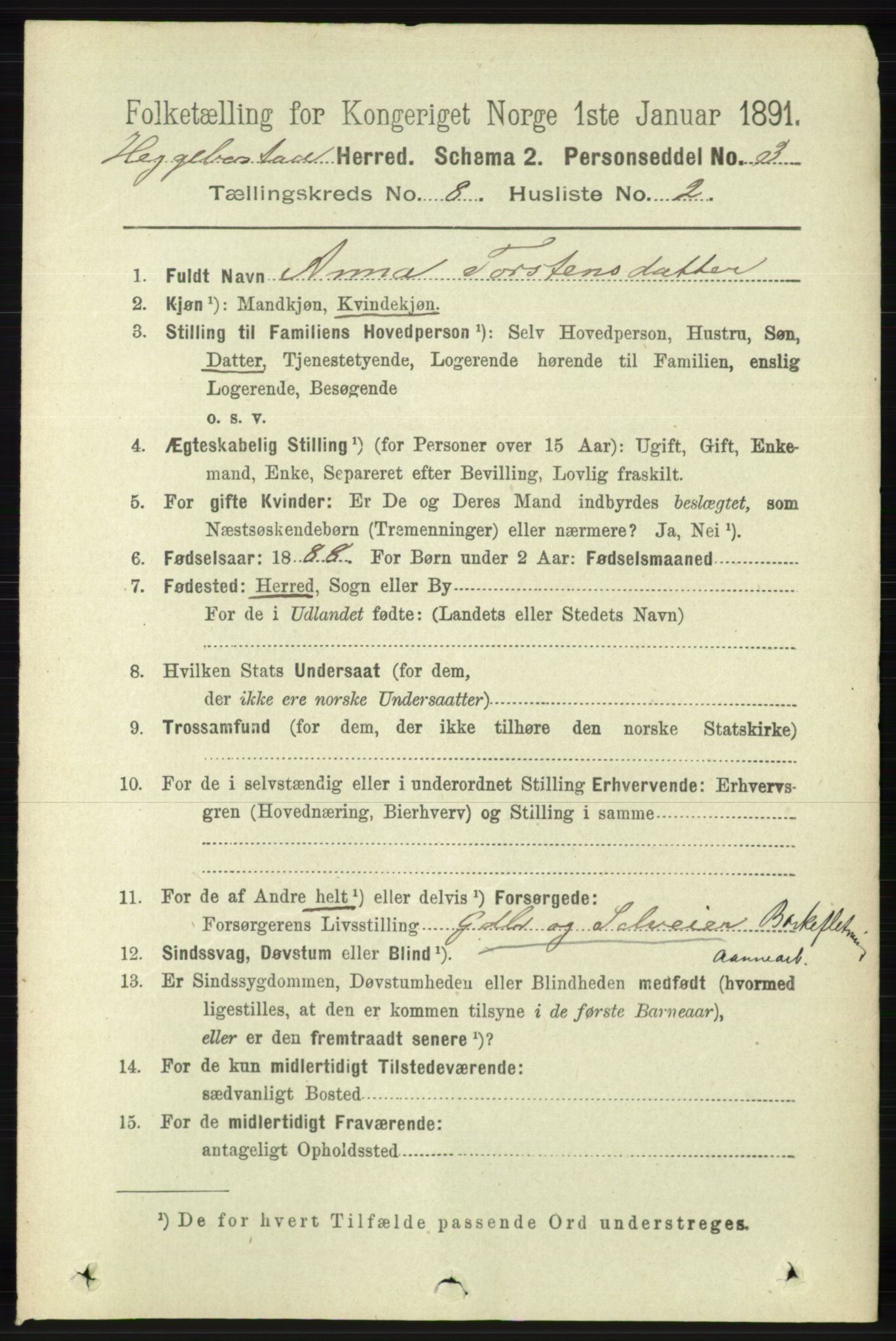 RA, 1891 census for 1034 Hægebostad, 1891, p. 2474