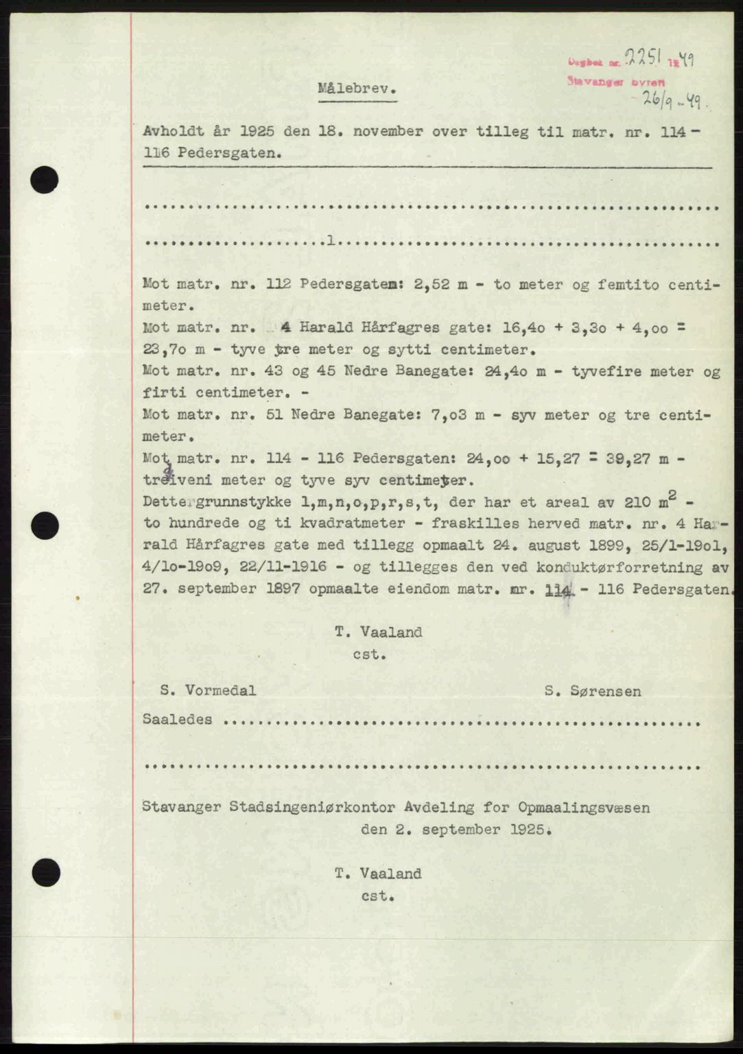 Stavanger byrett, SAST/A-100455/002/G/Gb/L0023: Mortgage book no. A12, 1948-1949, Diary no: : 2251/1949