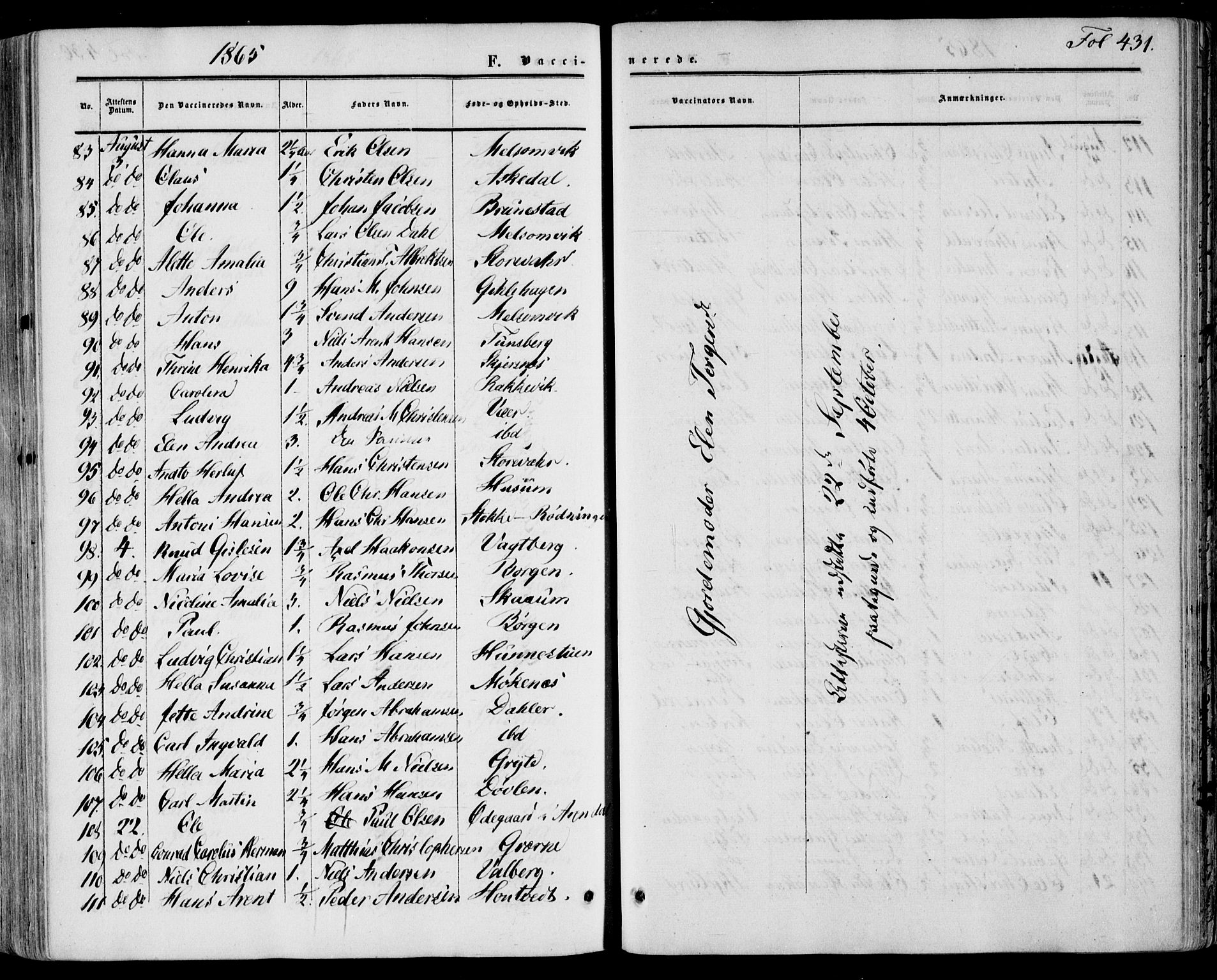 Stokke kirkebøker, SAKO/A-320/F/Fa/L0008: Parish register (official) no. I 8, 1858-1871, p. 431