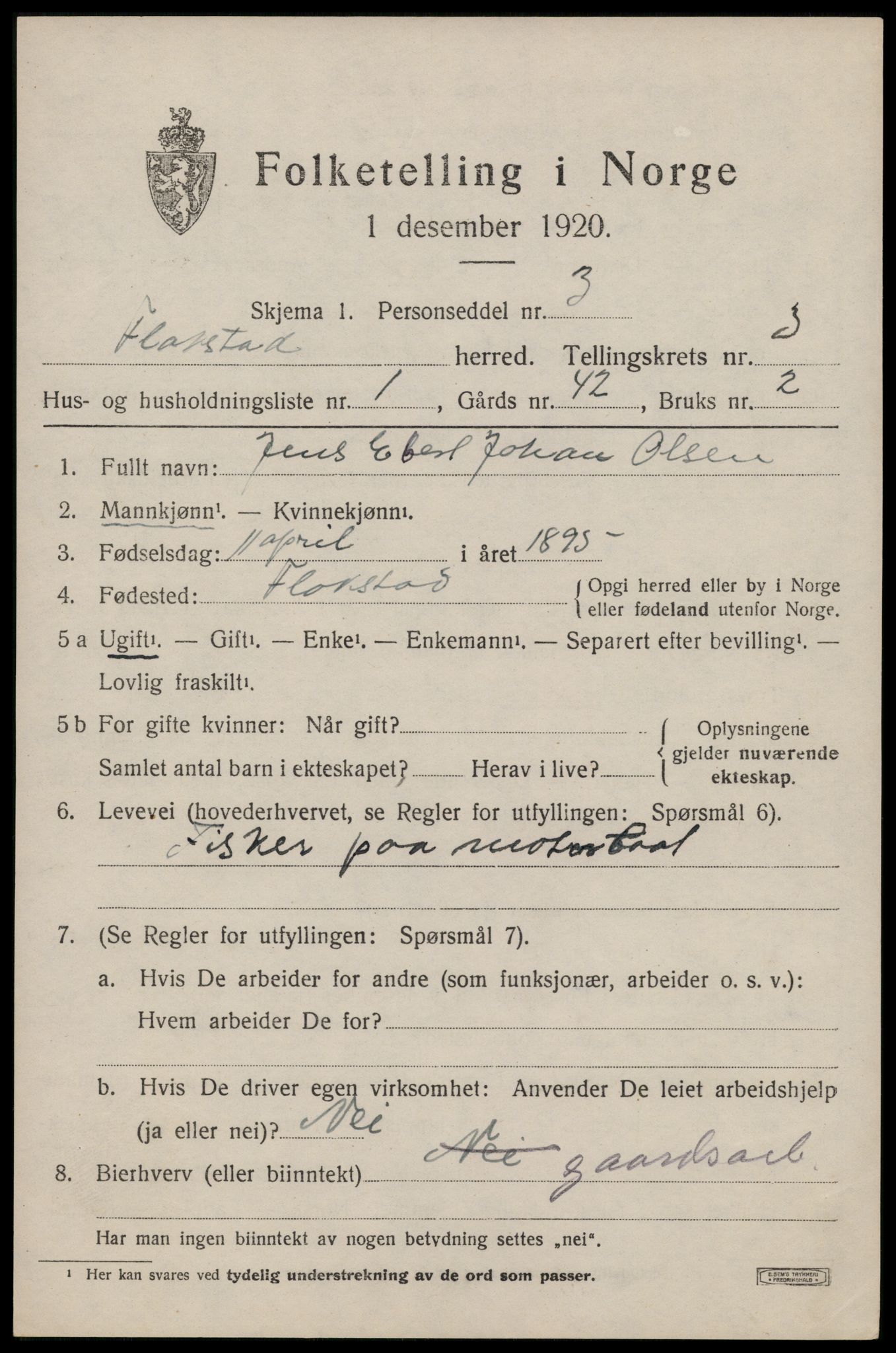 SAT, 1920 census for Flakstad, 1920, p. 2147