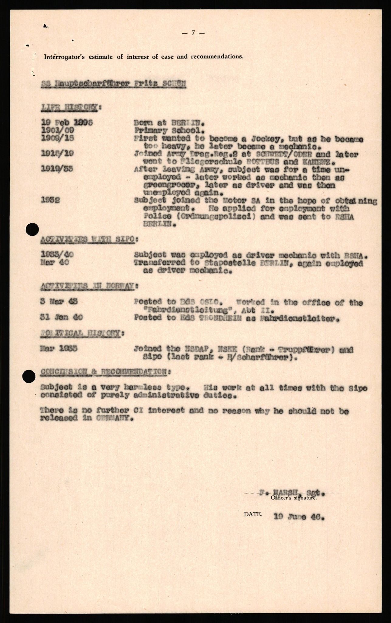 Forsvaret, Forsvarets overkommando II, RA/RAFA-3915/D/Db/L0031: CI Questionaires. Tyske okkupasjonsstyrker i Norge. Tyskere., 1945-1946, p. 363