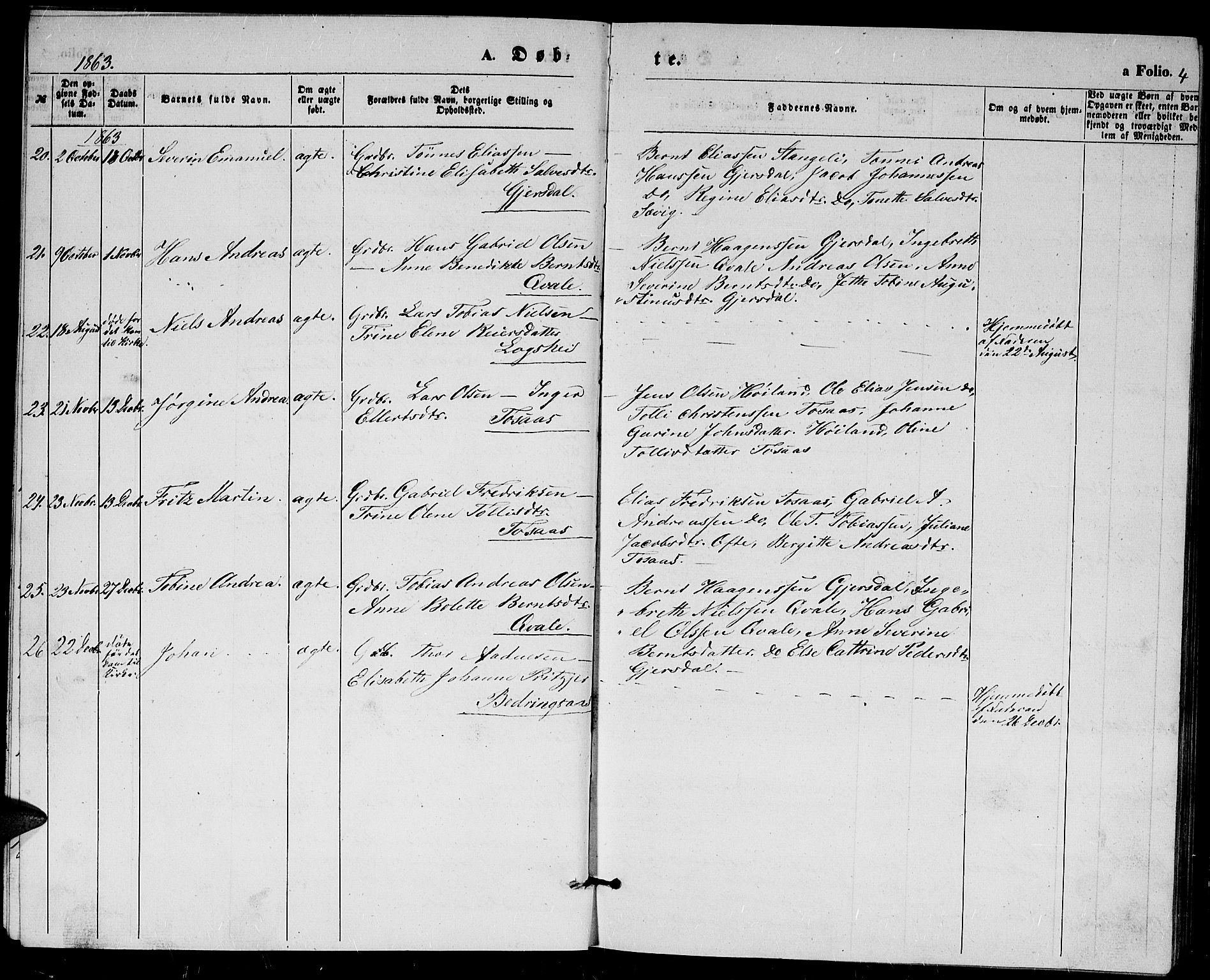 Herad sokneprestkontor, AV/SAK-1111-0018/F/Fb/Fba/L0003: Parish register (copy) no. B 3, 1863-1883, p. 4