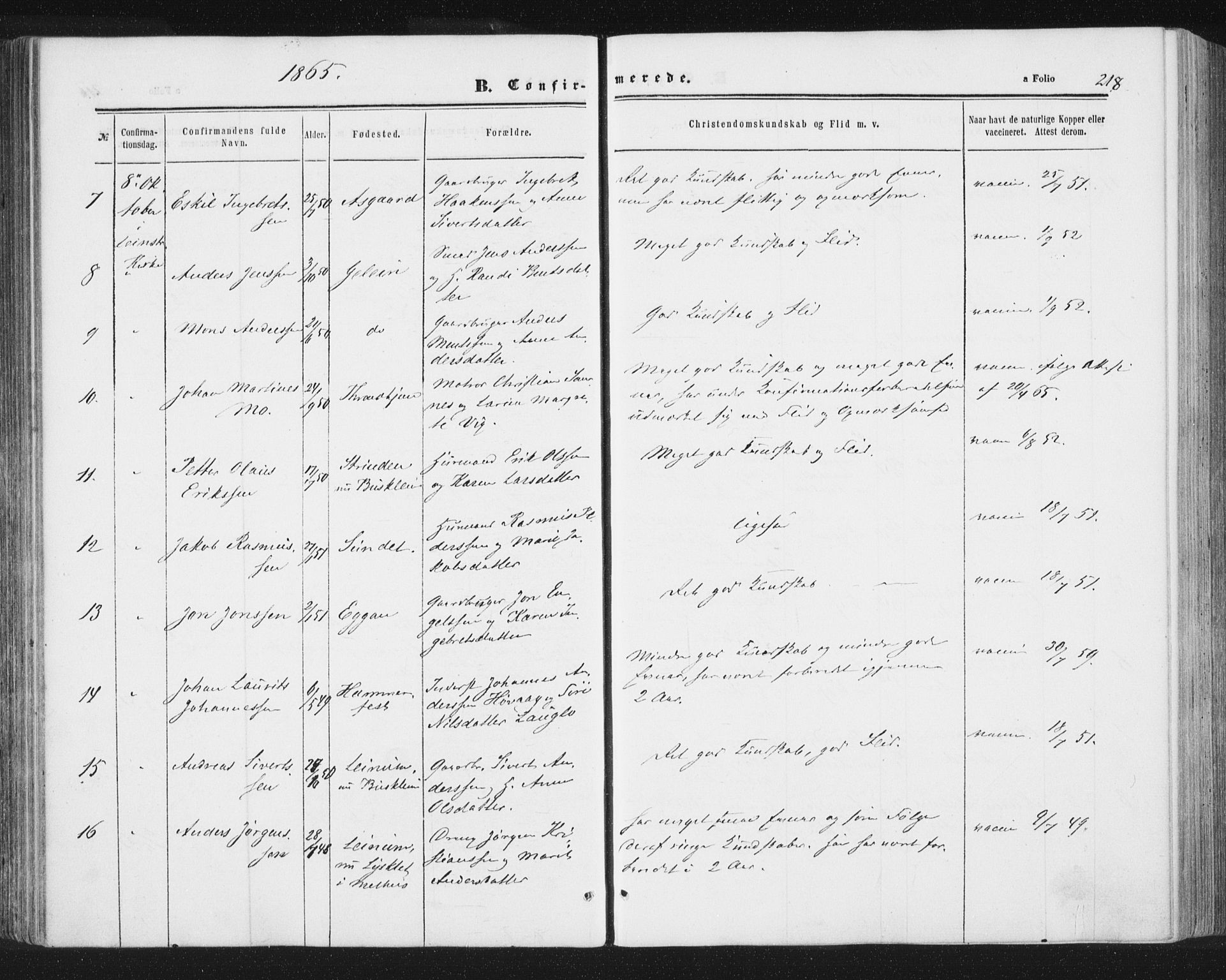 Ministerialprotokoller, klokkerbøker og fødselsregistre - Sør-Trøndelag, AV/SAT-A-1456/691/L1077: Parish register (official) no. 691A09, 1862-1873, p. 218