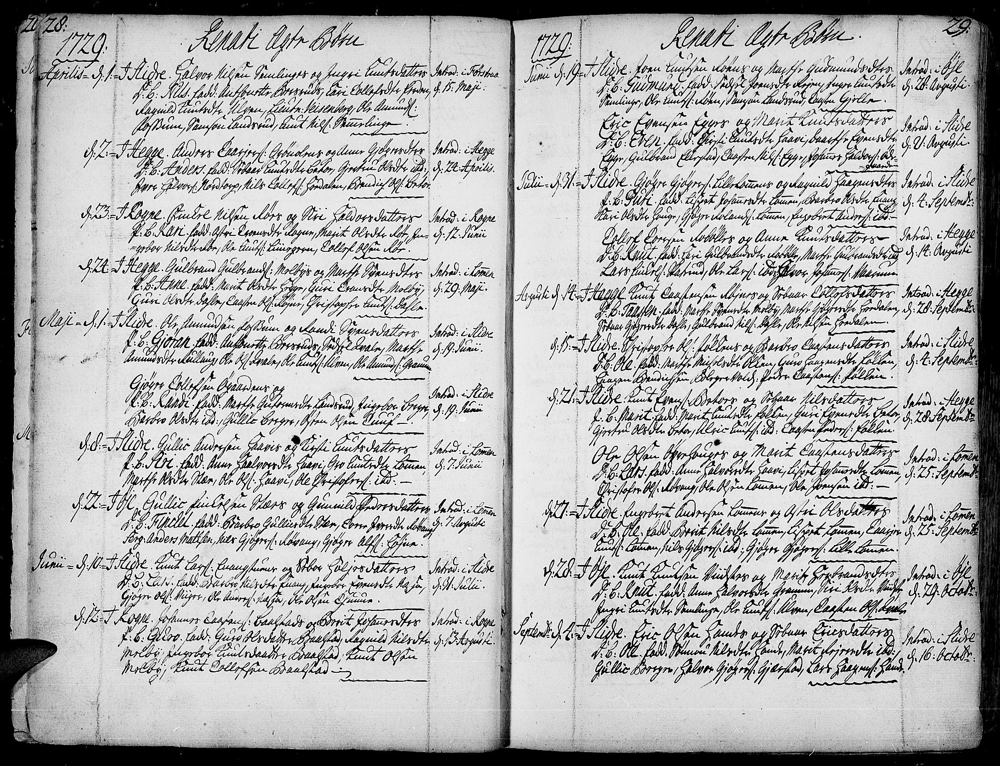 Slidre prestekontor, SAH/PREST-134/H/Ha/Haa/L0001: Parish register (official) no. 1, 1724-1814, p. 28-29