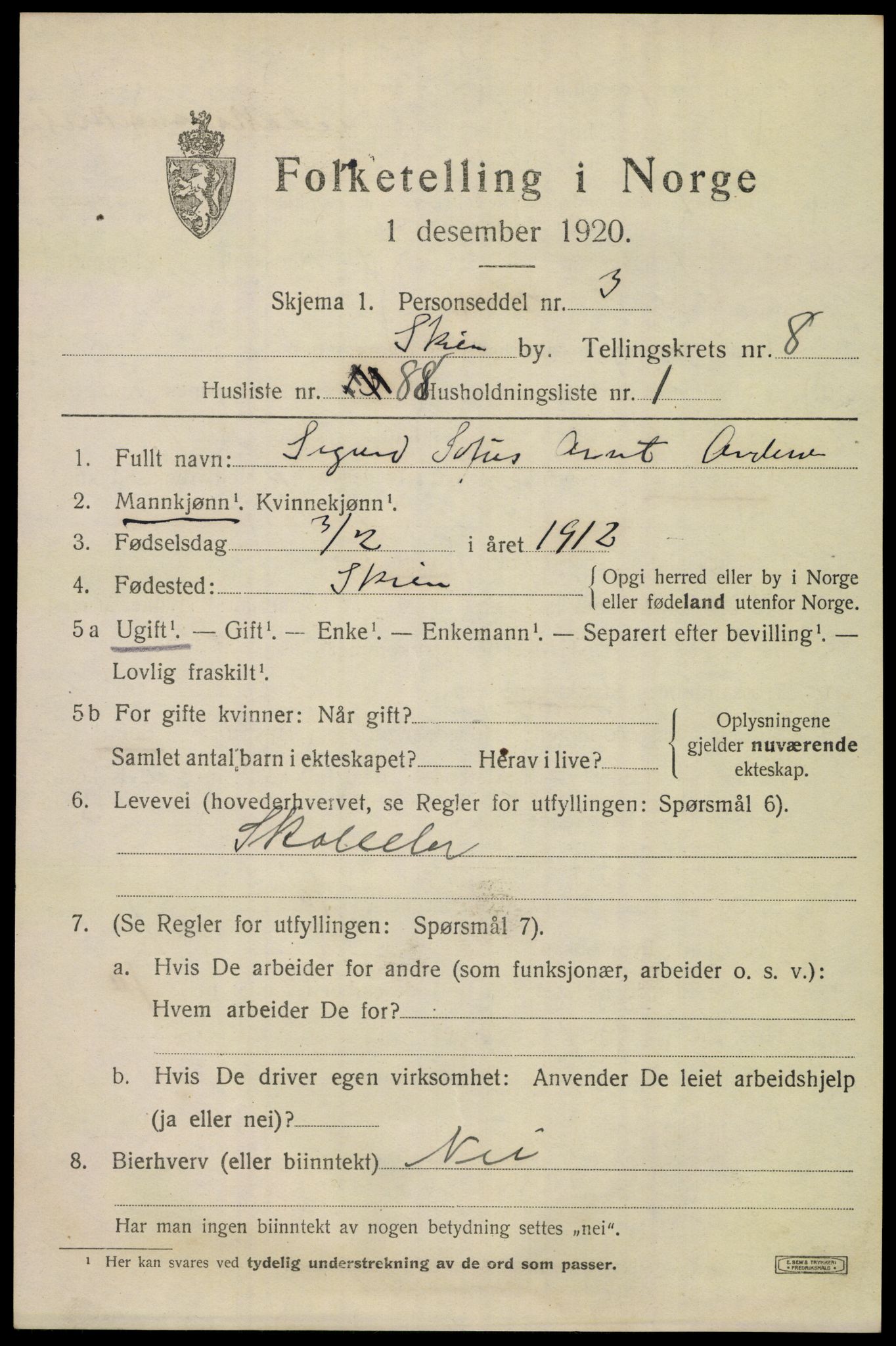 SAKO, 1920 census for Skien, 1920, p. 28616