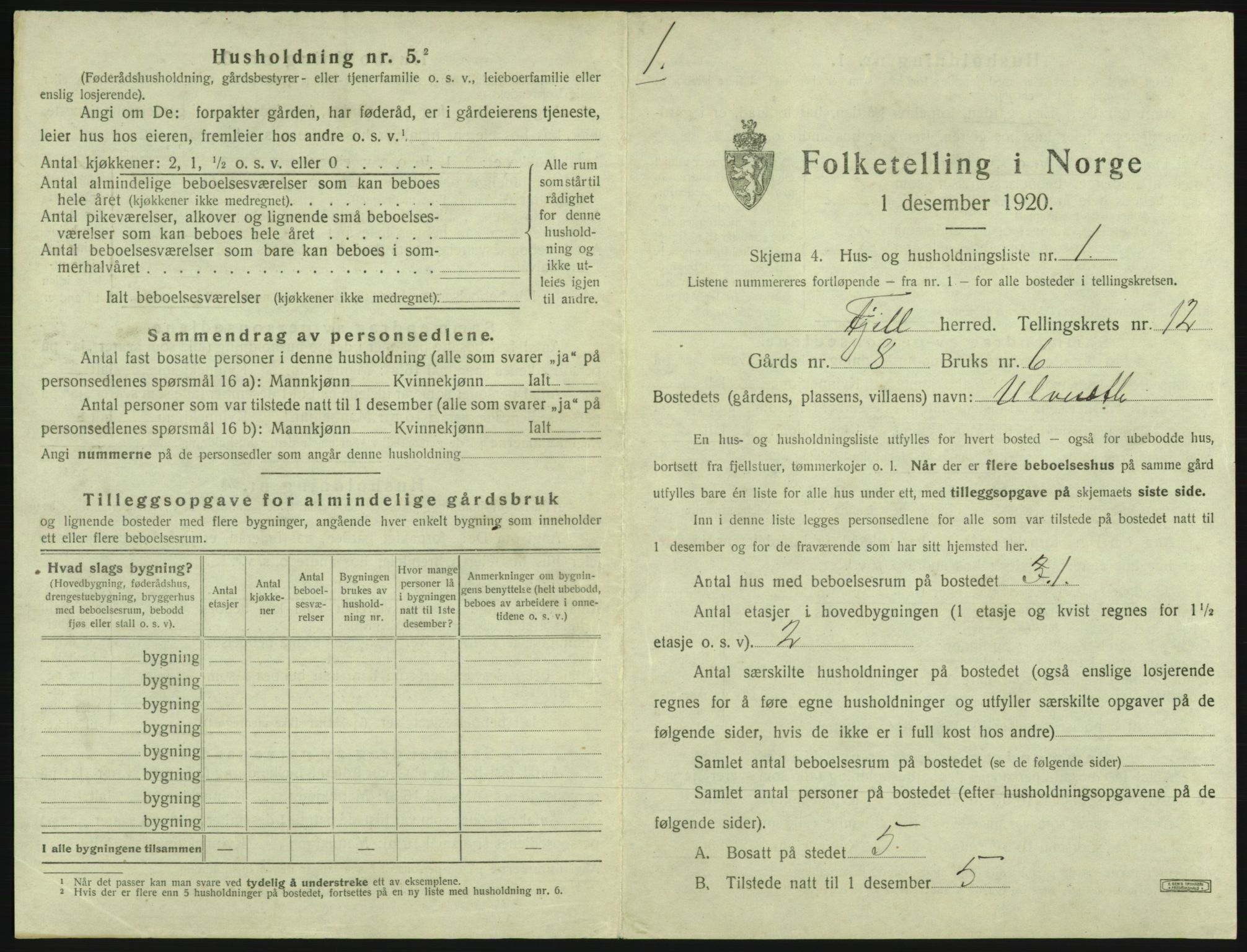 SAB, 1920 census for Fjell, 1920, p. 1330