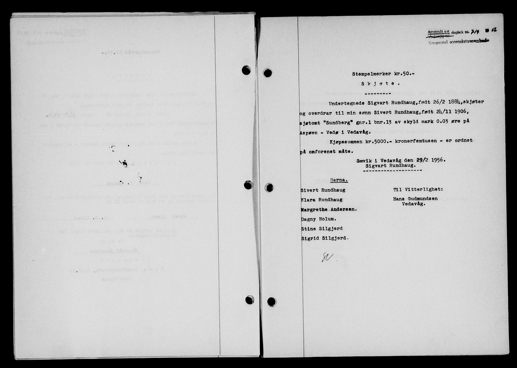 Karmsund sorenskriveri, SAST/A-100311/01/II/IIB/L0118: Mortgage book no. 98A, 1955-1956, Diary no: : 719/1956