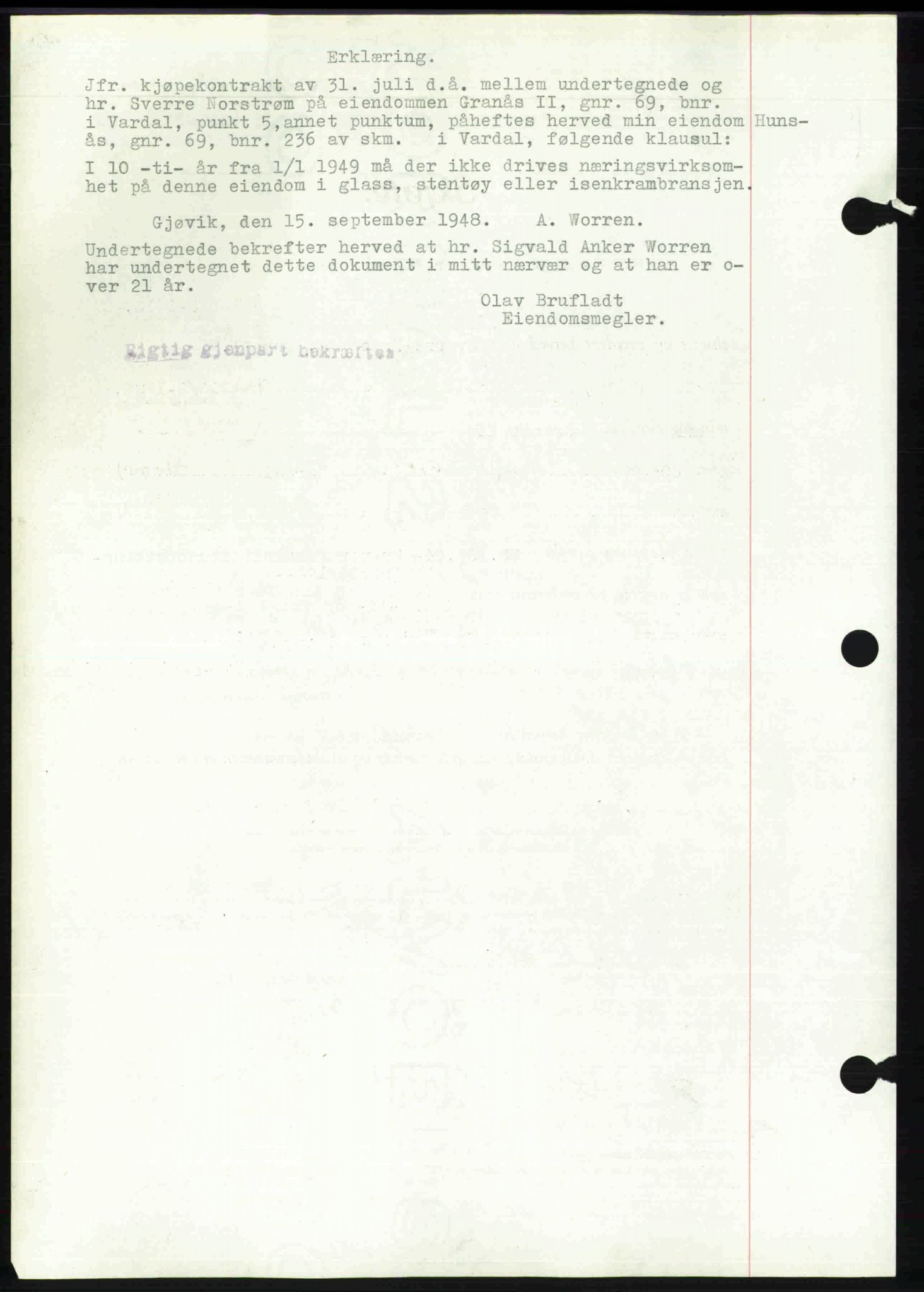 Toten tingrett, SAH/TING-006/H/Hb/Hbc/L0020: Mortgage book no. Hbc-20, 1948-1948, Diary no: : 3013/1948