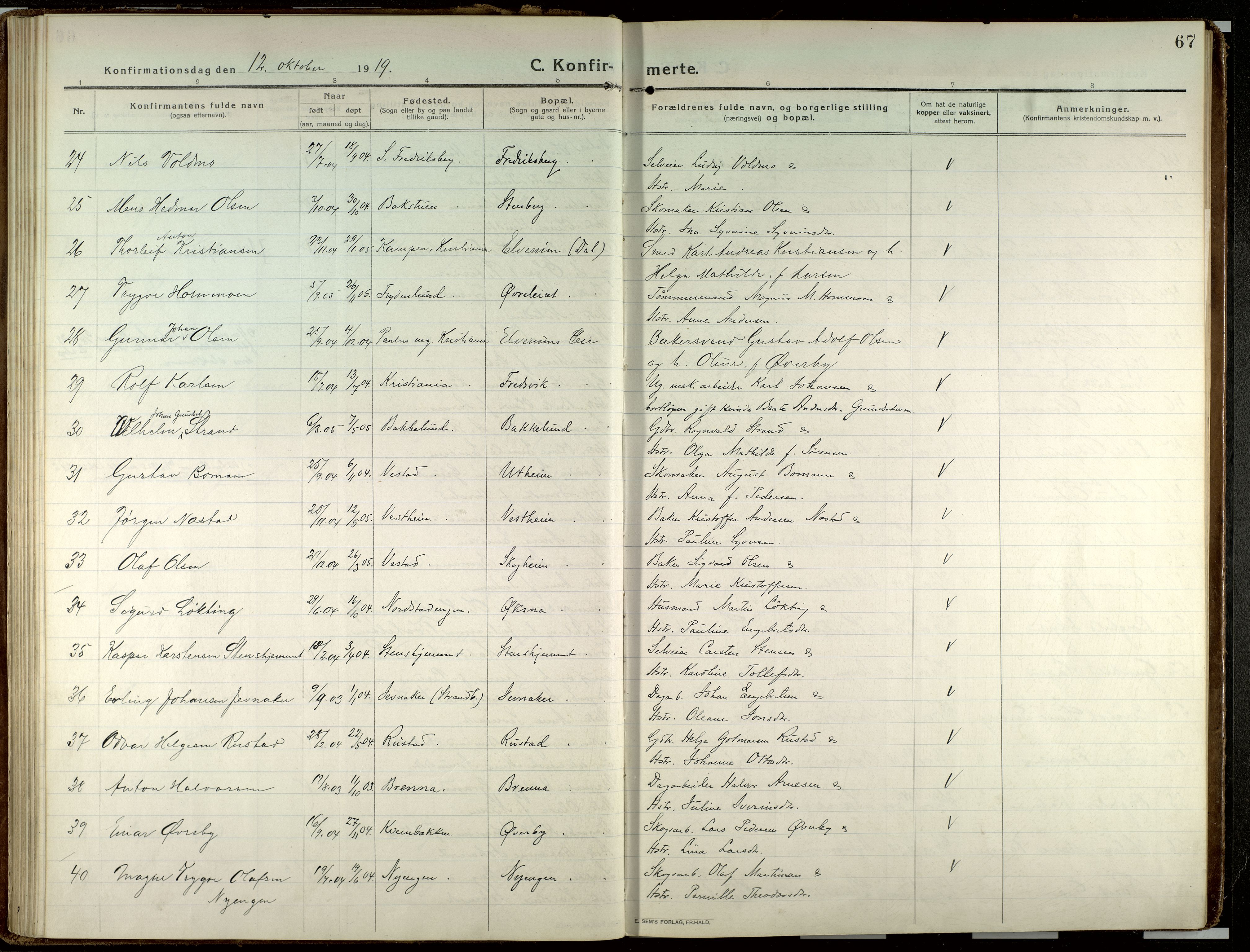 Elverum prestekontor, AV/SAH-PREST-044/H/Ha/Haa/L0023: Parish register (official) no. 23, 1914-1929, p. 67