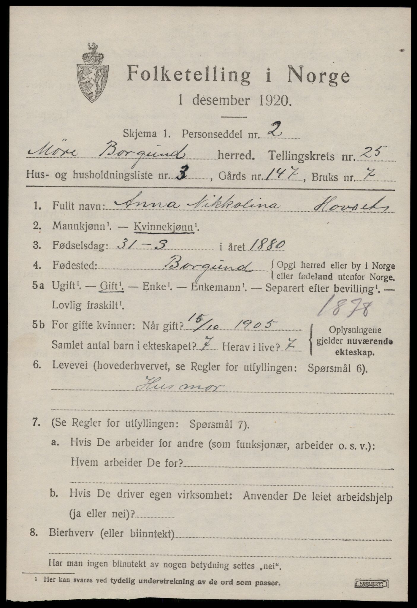 SAT, 1920 census for Borgund, 1920, p. 16812