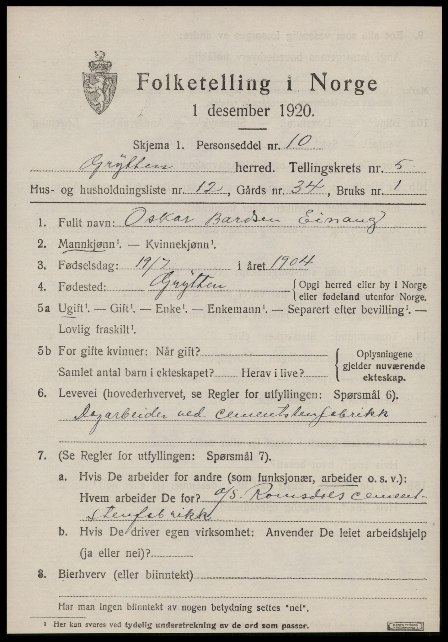 SAT, 1920 census for Grytten, 1920, p. 4084