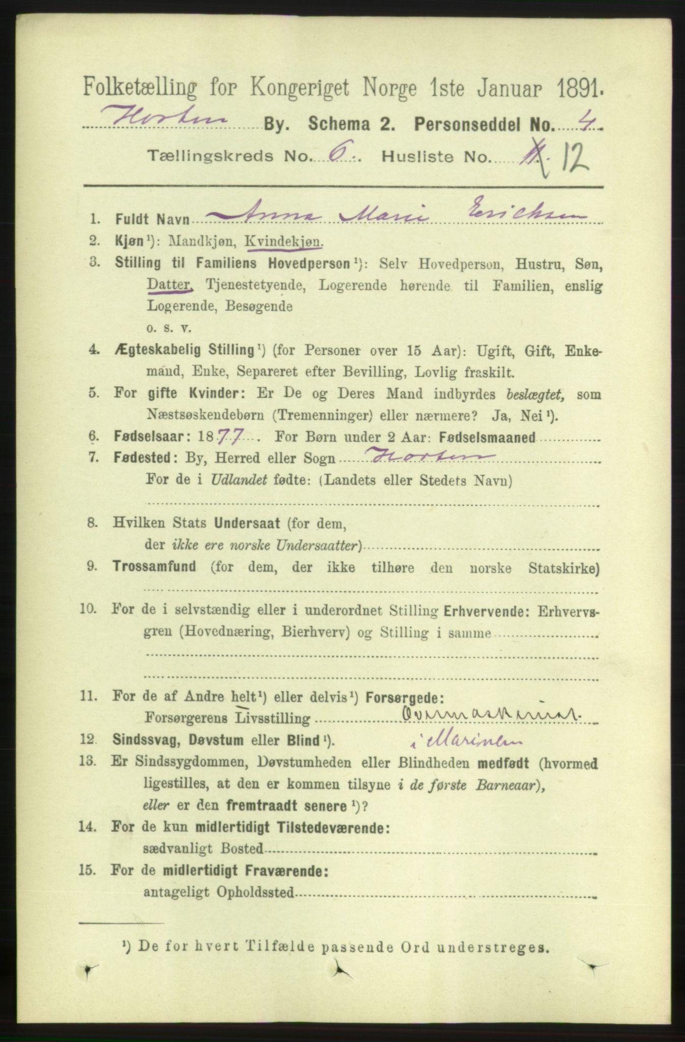 RA, 1891 census for 0703 Horten, 1891, p. 3835