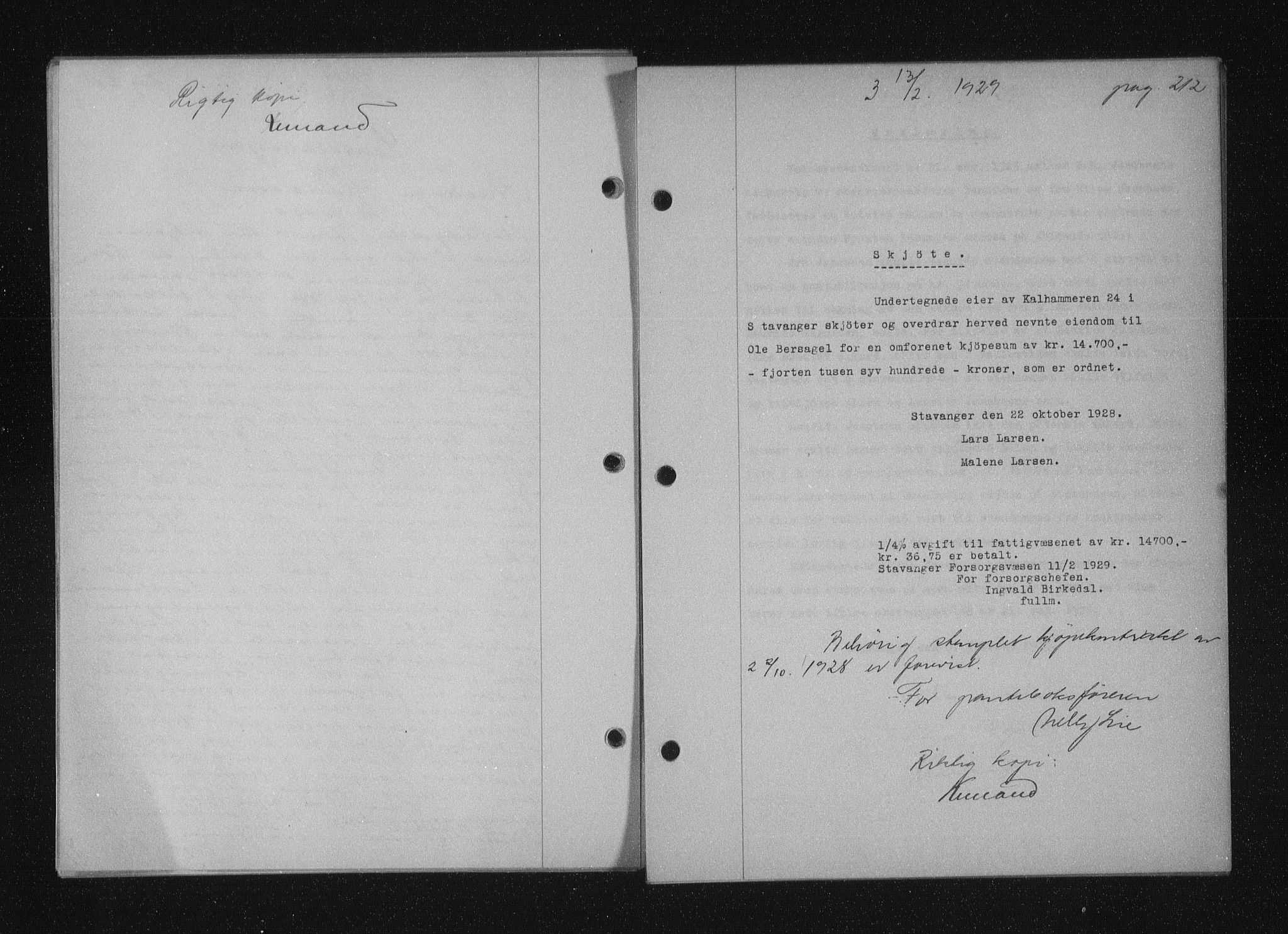 Stavanger byfogd, AV/SAST-A-101408/001/4/41/410/410BB/L0055: Mortgage book no. 43, 1928-1929, Deed date: 13.02.1929