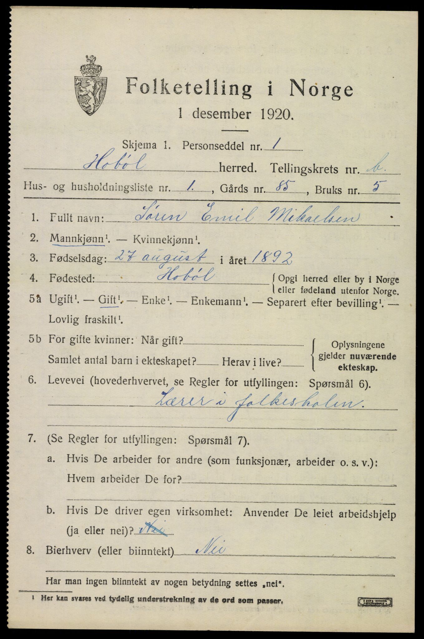 SAO, 1920 census for Hobøl, 1920, p. 1364