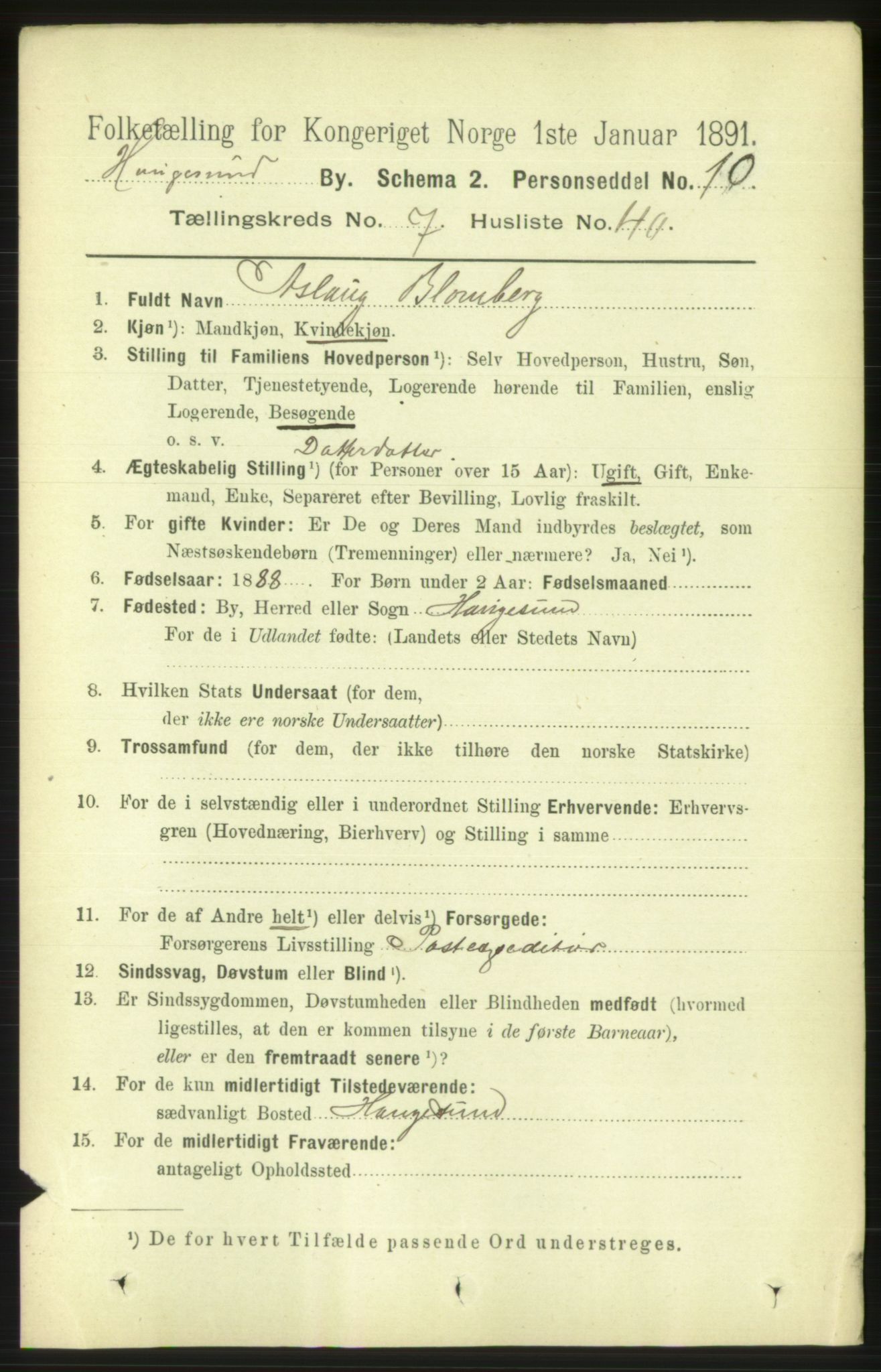 RA, 1891 census for 1106 Haugesund, 1891, p. 3553