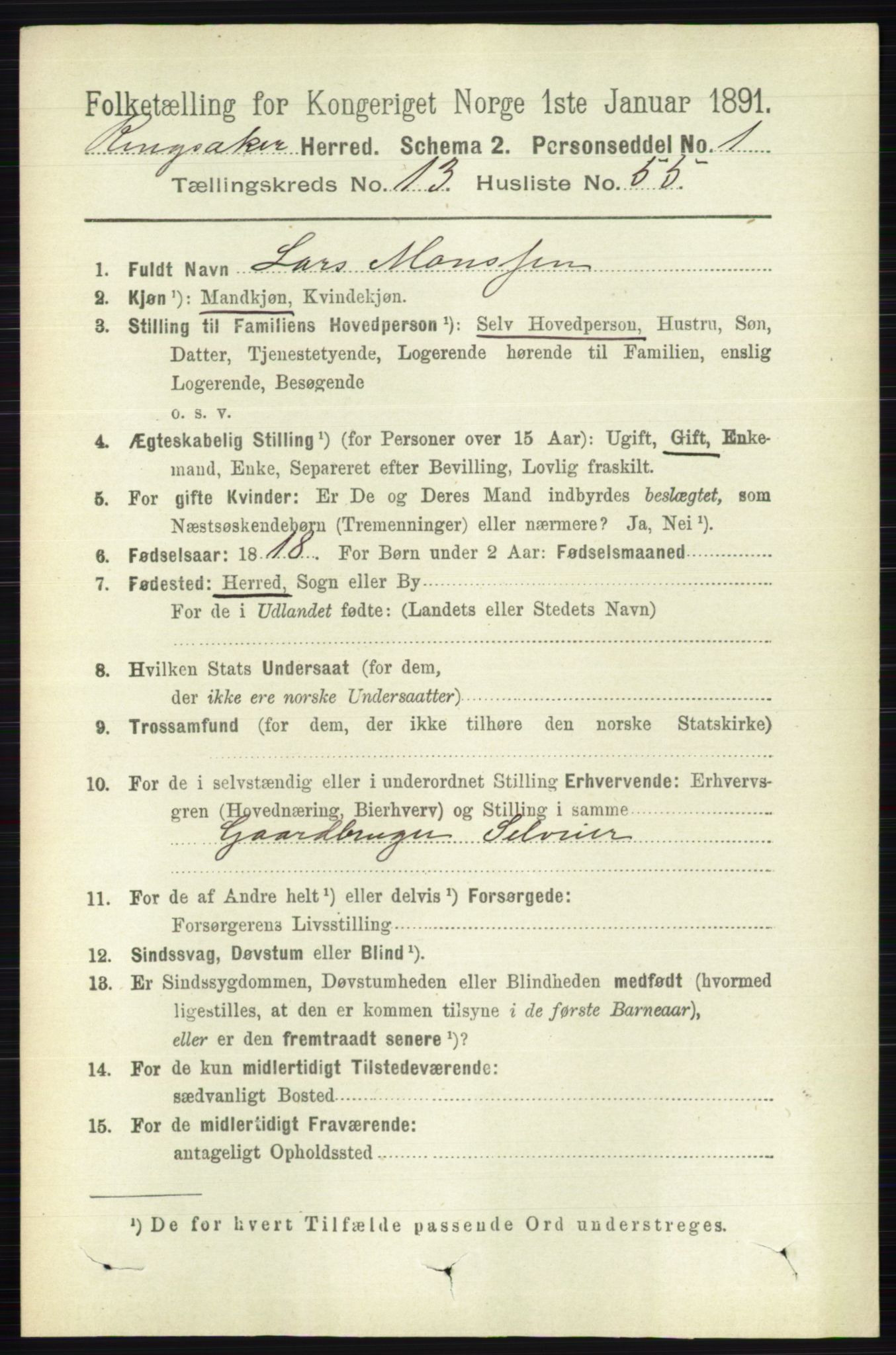 RA, 1891 census for 0412 Ringsaker, 1891, p. 7496