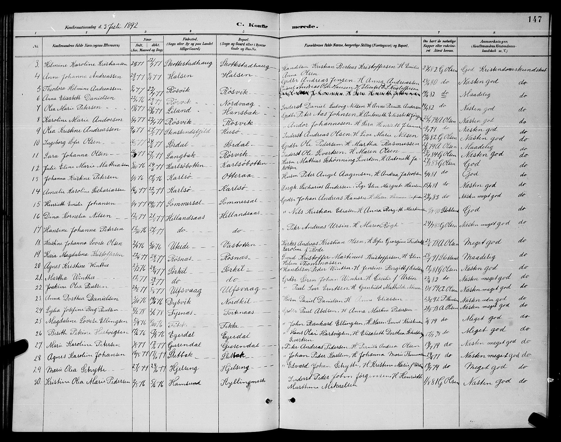 Ministerialprotokoller, klokkerbøker og fødselsregistre - Nordland, SAT/A-1459/859/L0859: Parish register (copy) no. 859C05, 1887-1898, p. 147