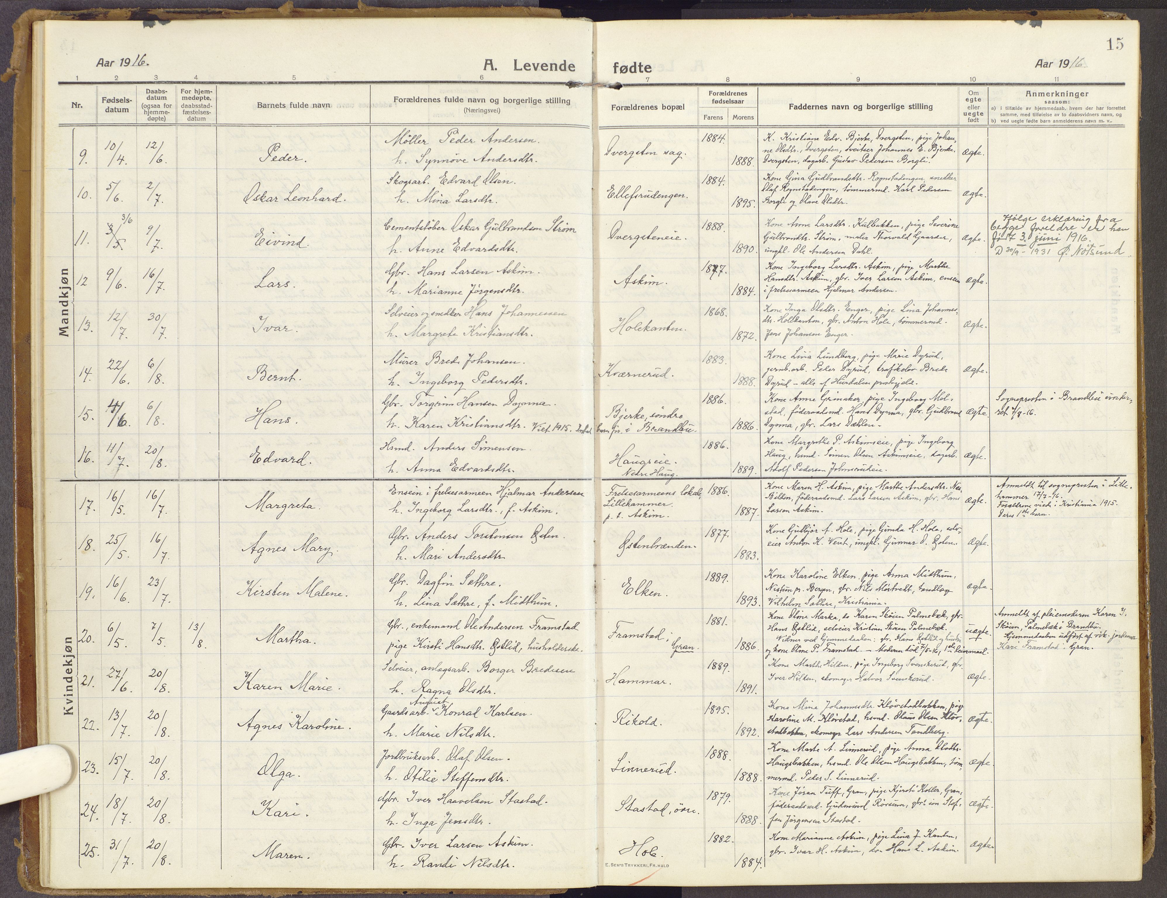 Brandbu prestekontor, SAH/PREST-114/H/Ha/Haa/L0003: Parish register (official) no. 3, 1914-1928, p. 15