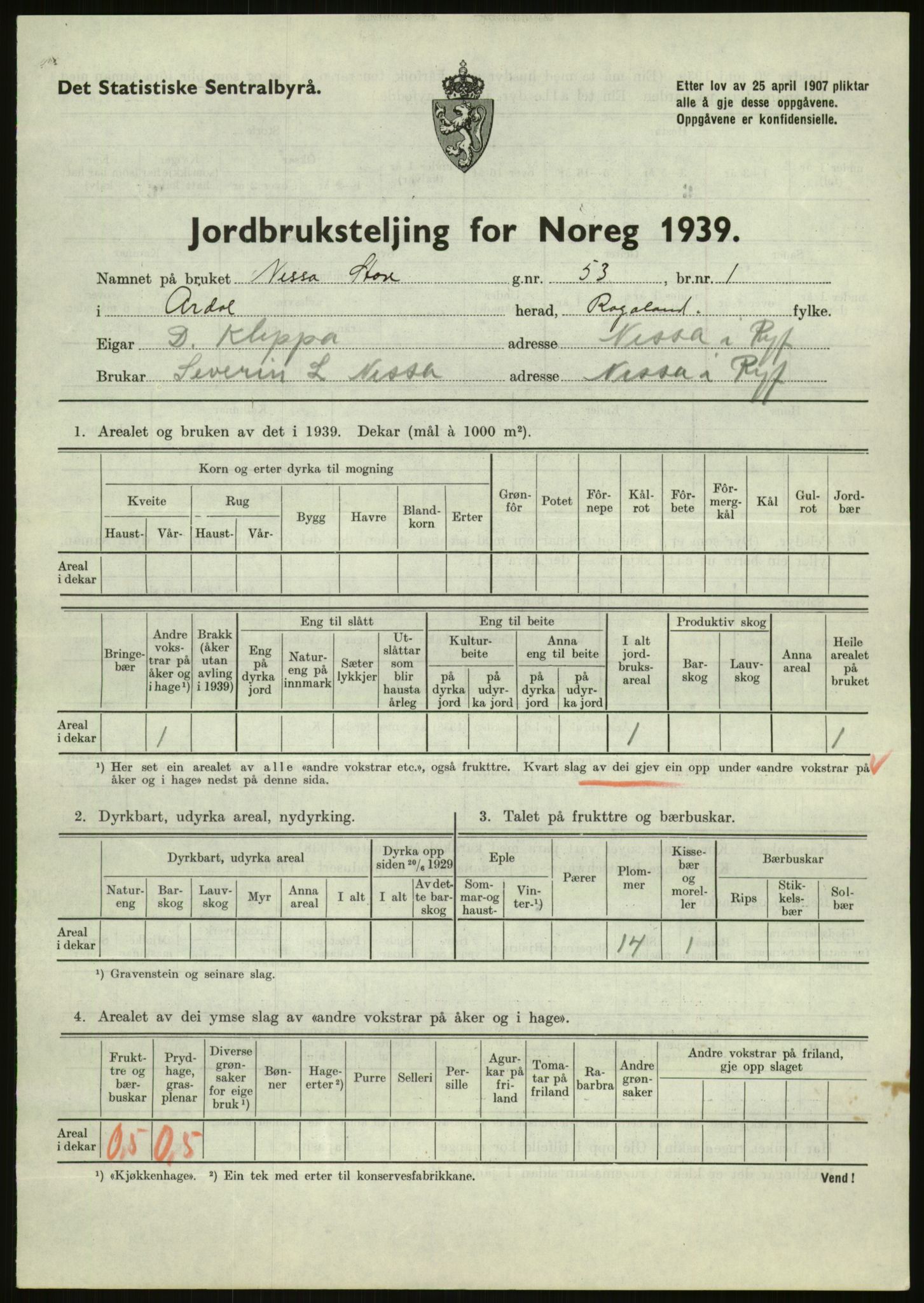 Statistisk sentralbyrå, Næringsøkonomiske emner, Jordbruk, skogbruk, jakt, fiske og fangst, AV/RA-S-2234/G/Gb/L0184: Rogaland: Årdal, Fister og Hjelmeland, 1939, p. 385