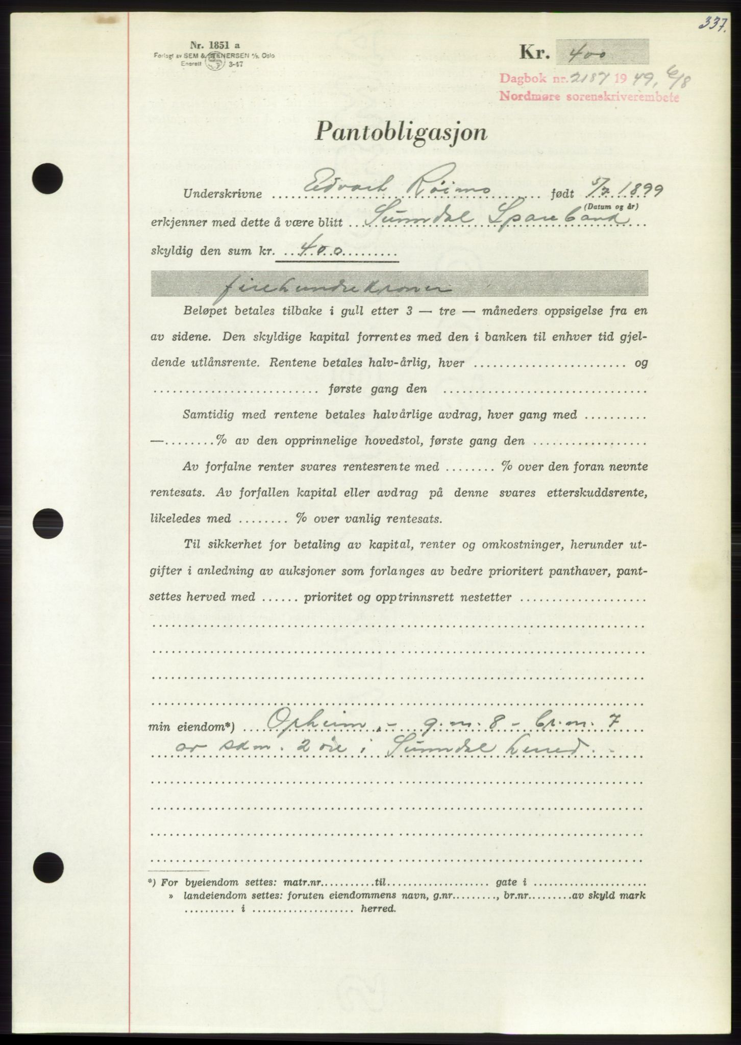 Nordmøre sorenskriveri, AV/SAT-A-4132/1/2/2Ca: Mortgage book no. B102, 1949-1949, Diary no: : 2187/1949