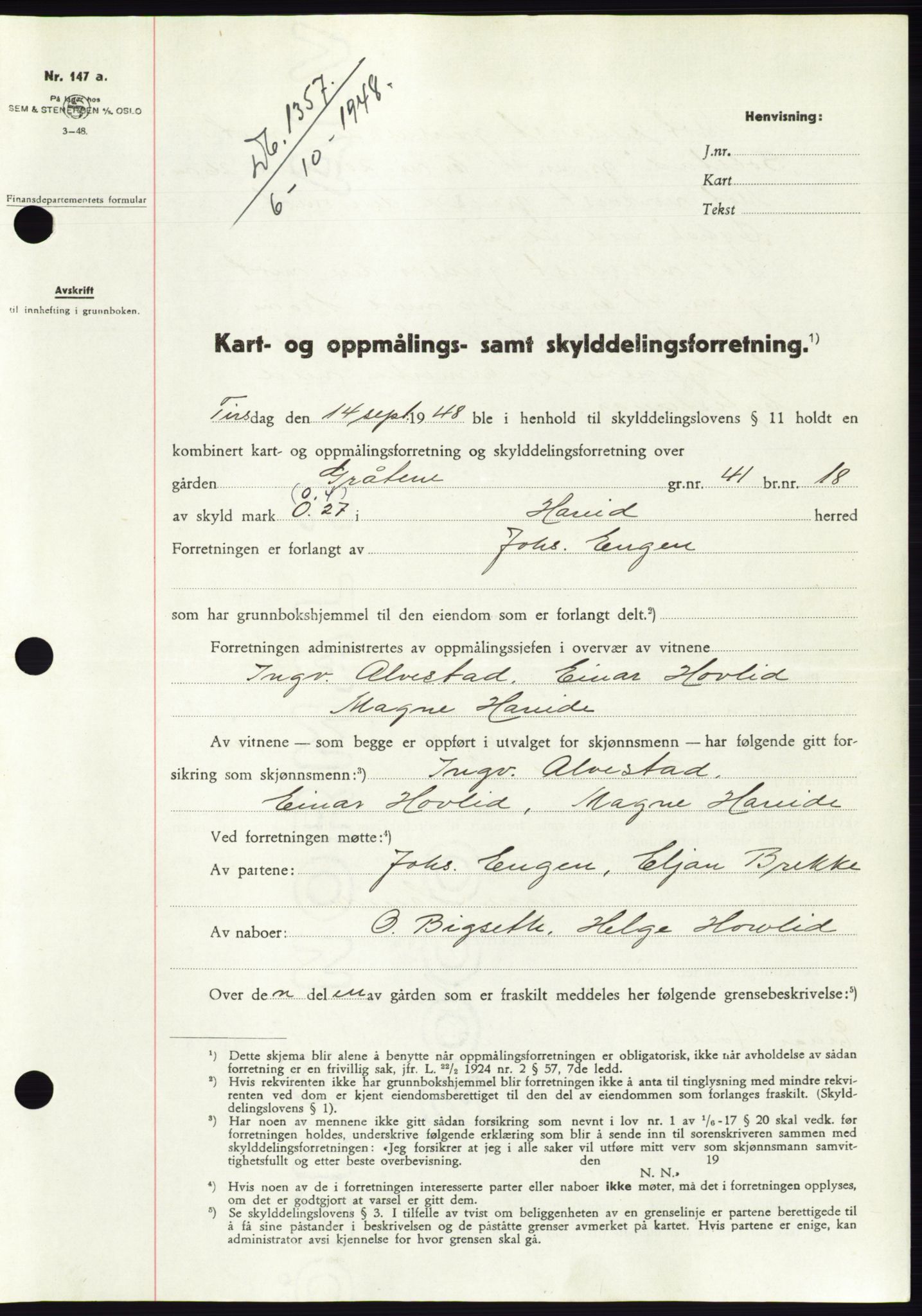 Søre Sunnmøre sorenskriveri, AV/SAT-A-4122/1/2/2C/L0083: Mortgage book no. 9A, 1948-1949, Diary no: : 1357/1948